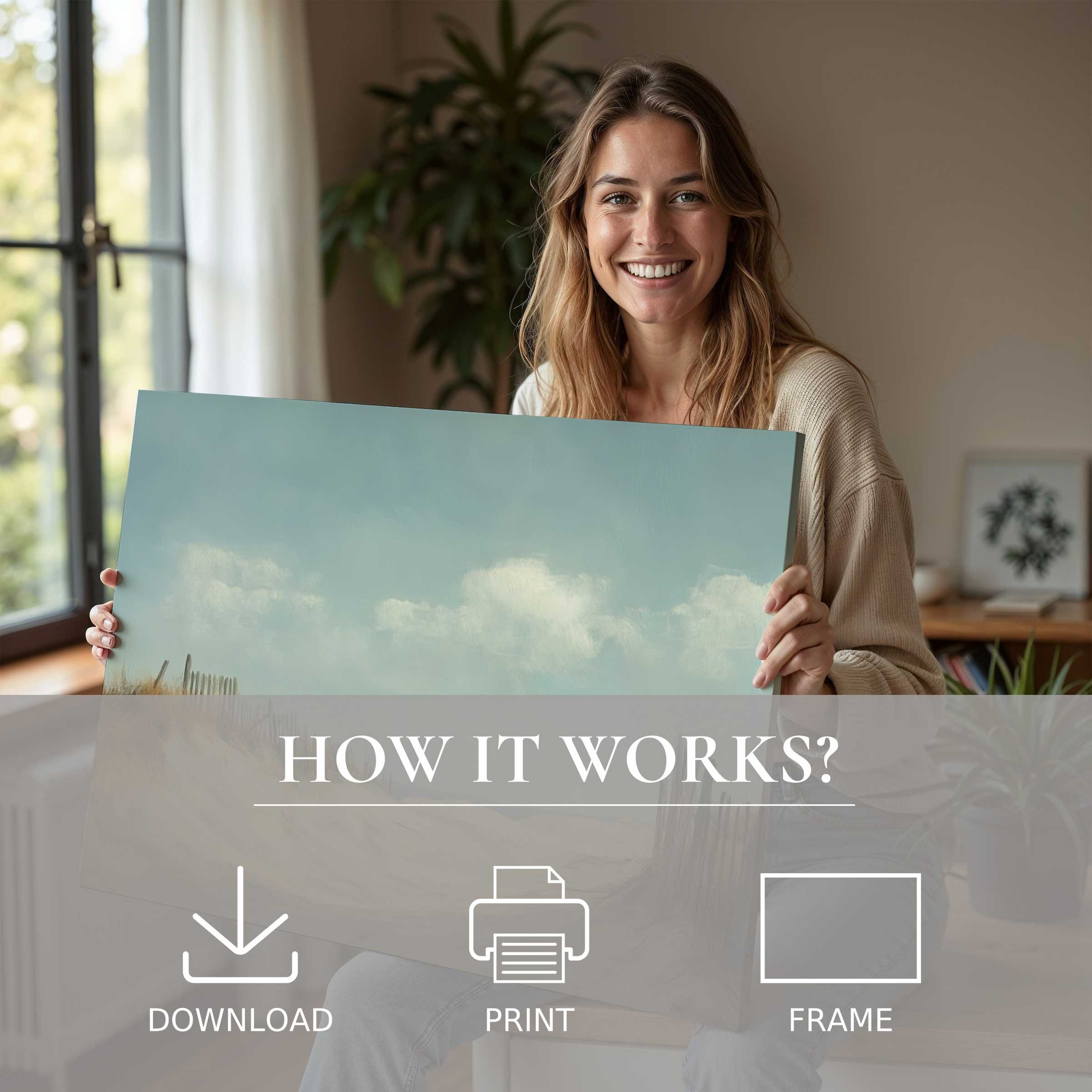 Woman radiates joy in a stylish home, embracing a beach digital art print that transforms space with serene coastal hues