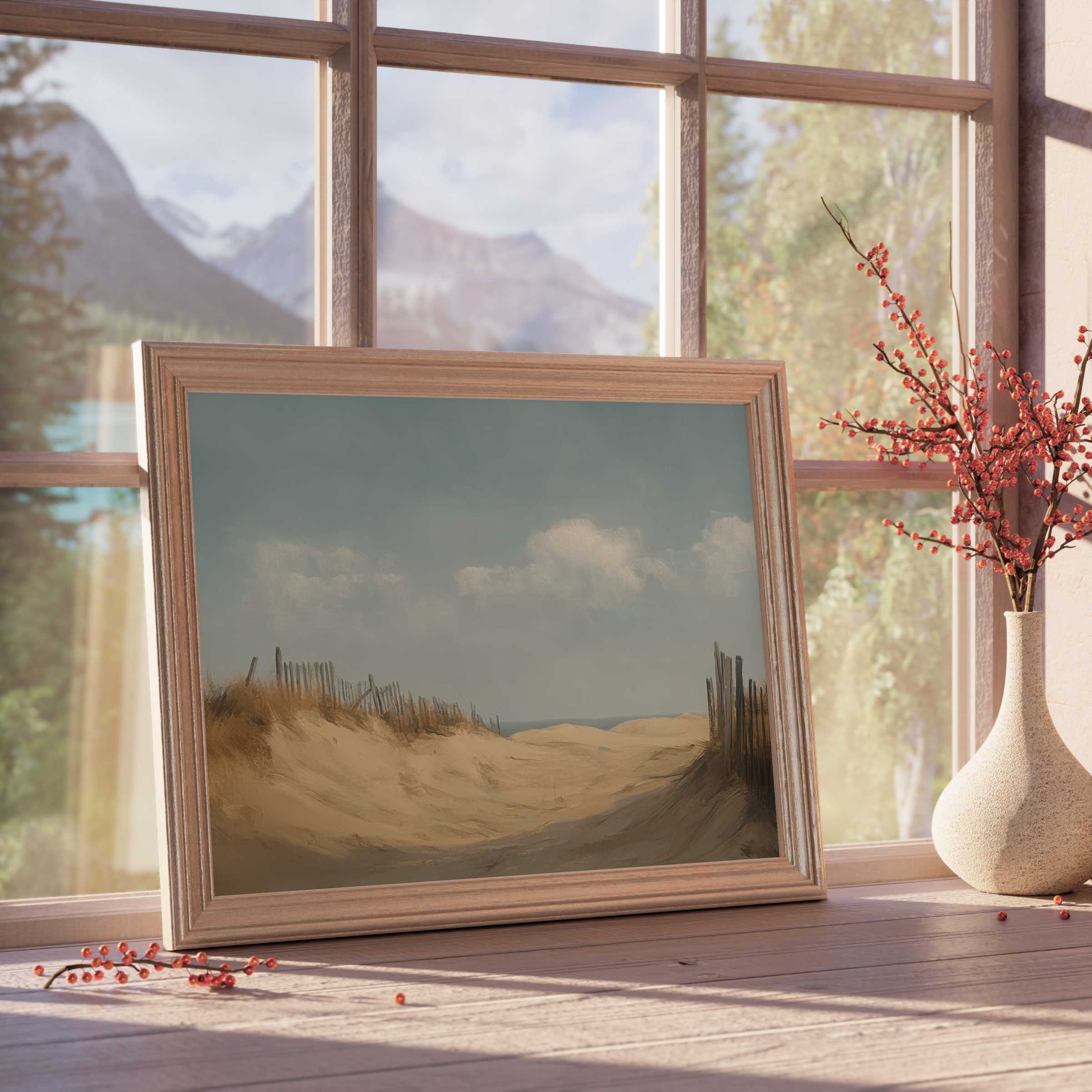 Serene beach downloadable art capturing gentle sand dunes and soft skies, perfect for elevating tranquil, curated interiors