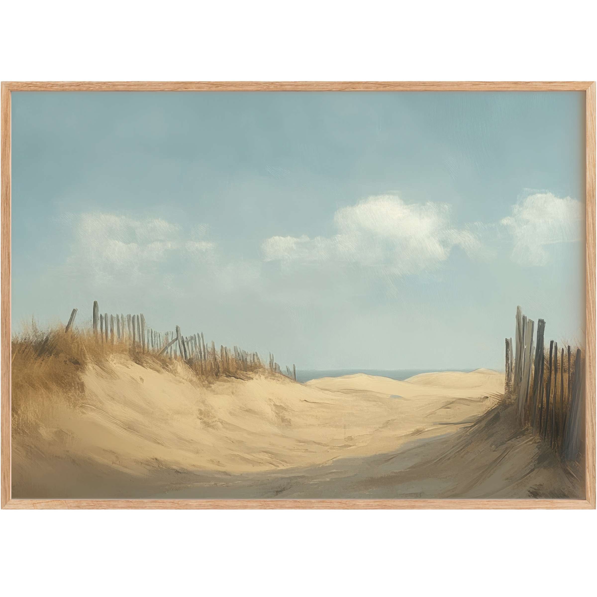 Serene beach printable wall art featuring soft sandy dunes and weathered fences under a soothing blue sky, evoking calm coastal elegance