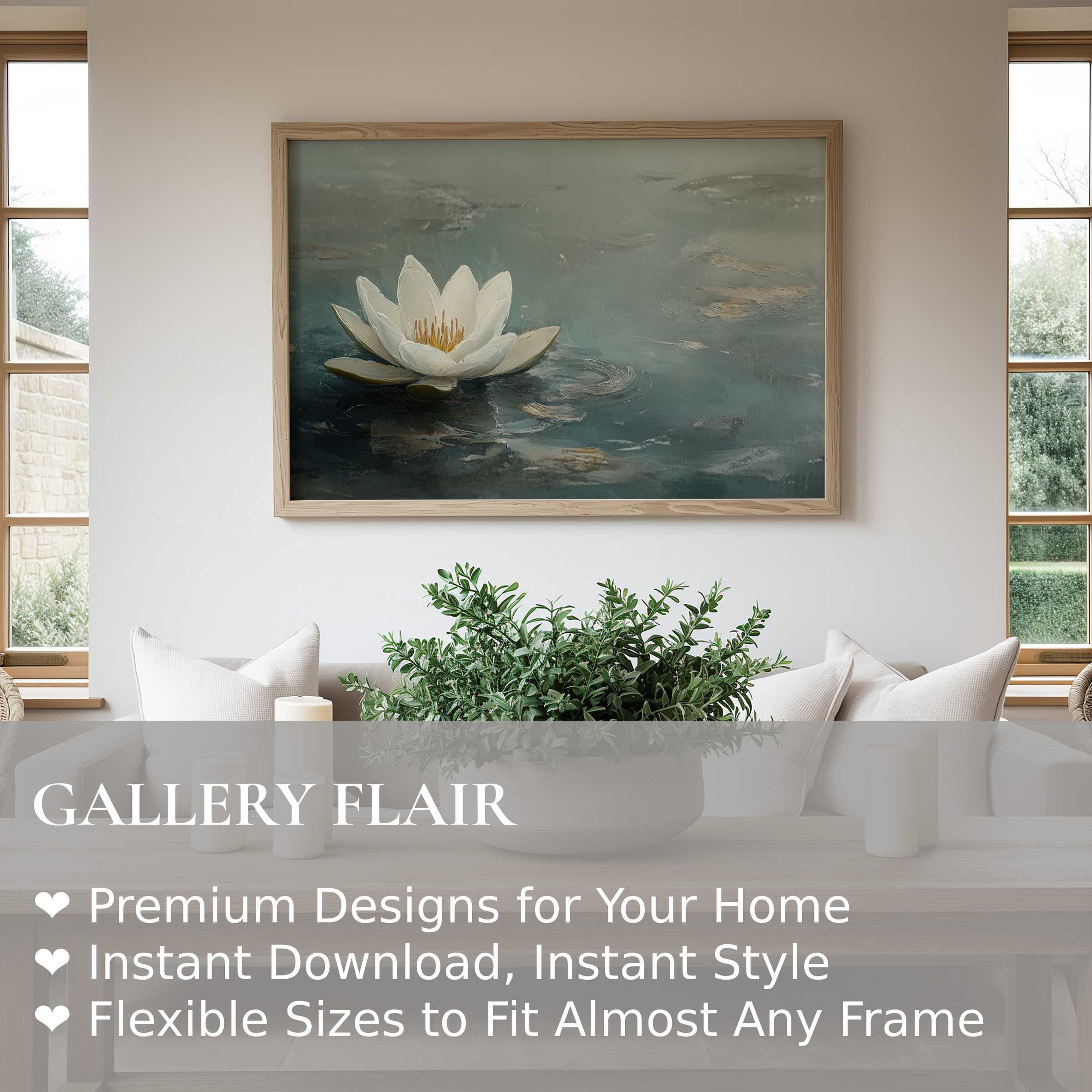 Botanical wall art print of a serene white lotus on calm waters, enhancing minimalist, modern interiors with soft, calming elegance and natural harmony