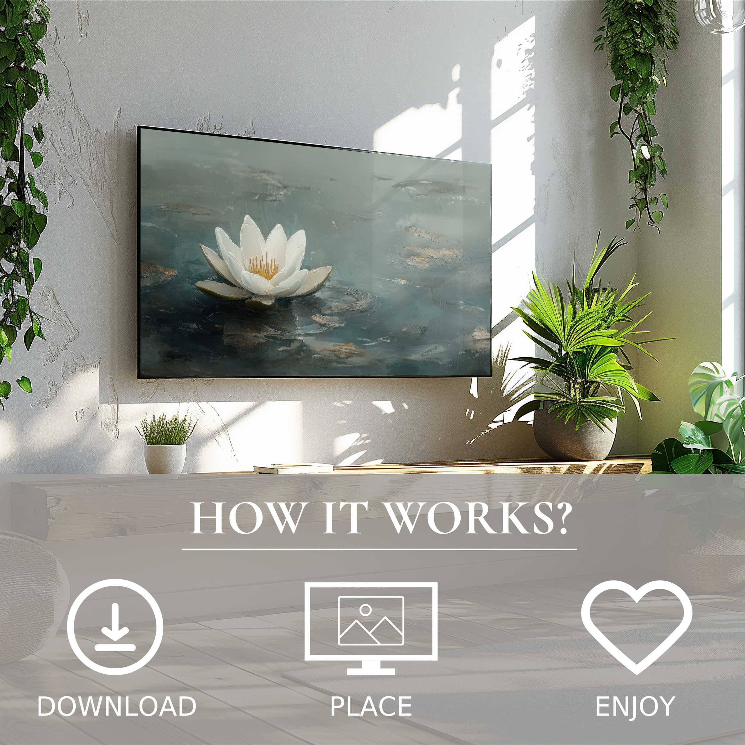 Botanical art for Samsung TV with serene lotus motif, easy digital download to enrich your modern living space
