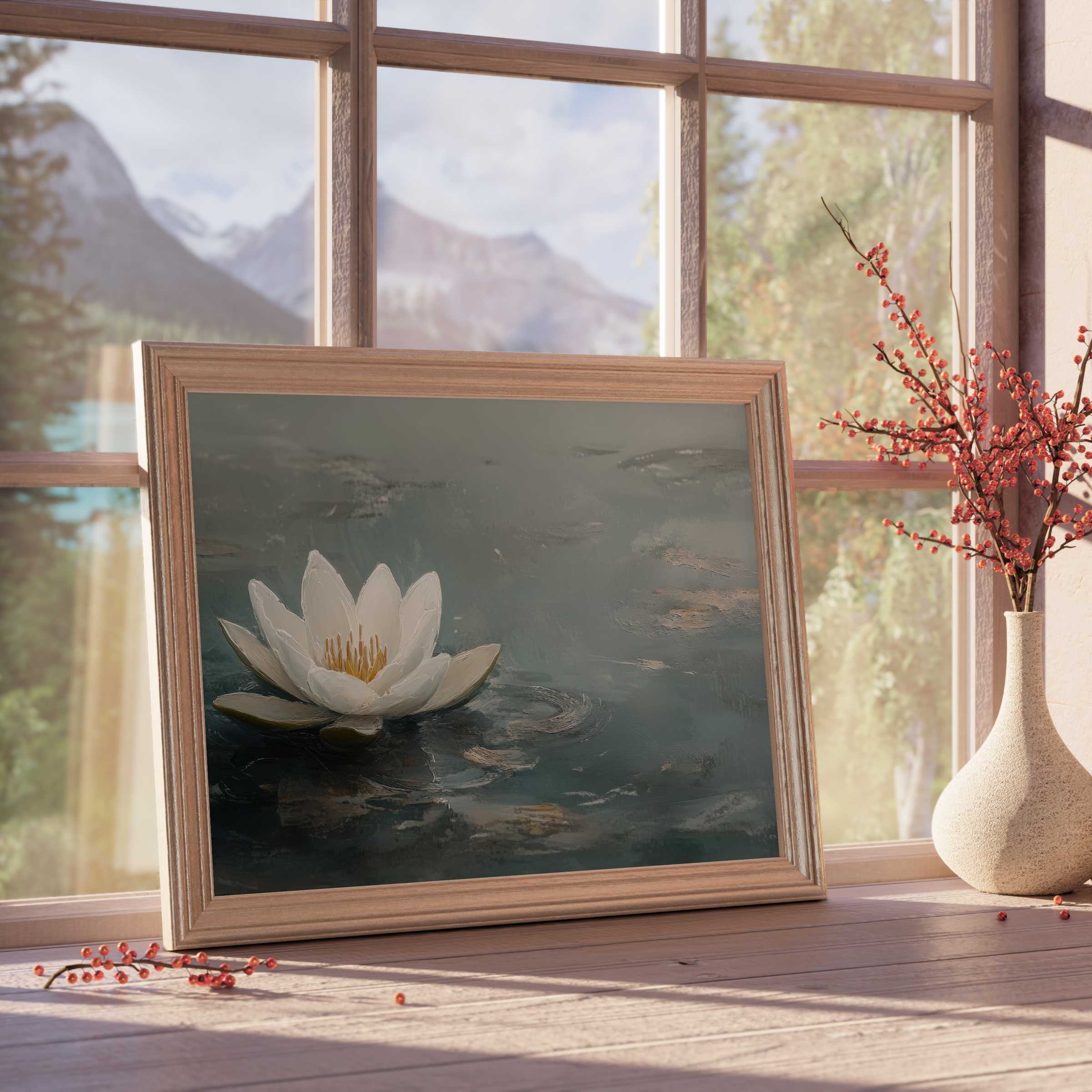 Botanical downloadable art featuring a serene white water lily afloat on tranquil blue-green waters, perfect for curated, elegant interiors