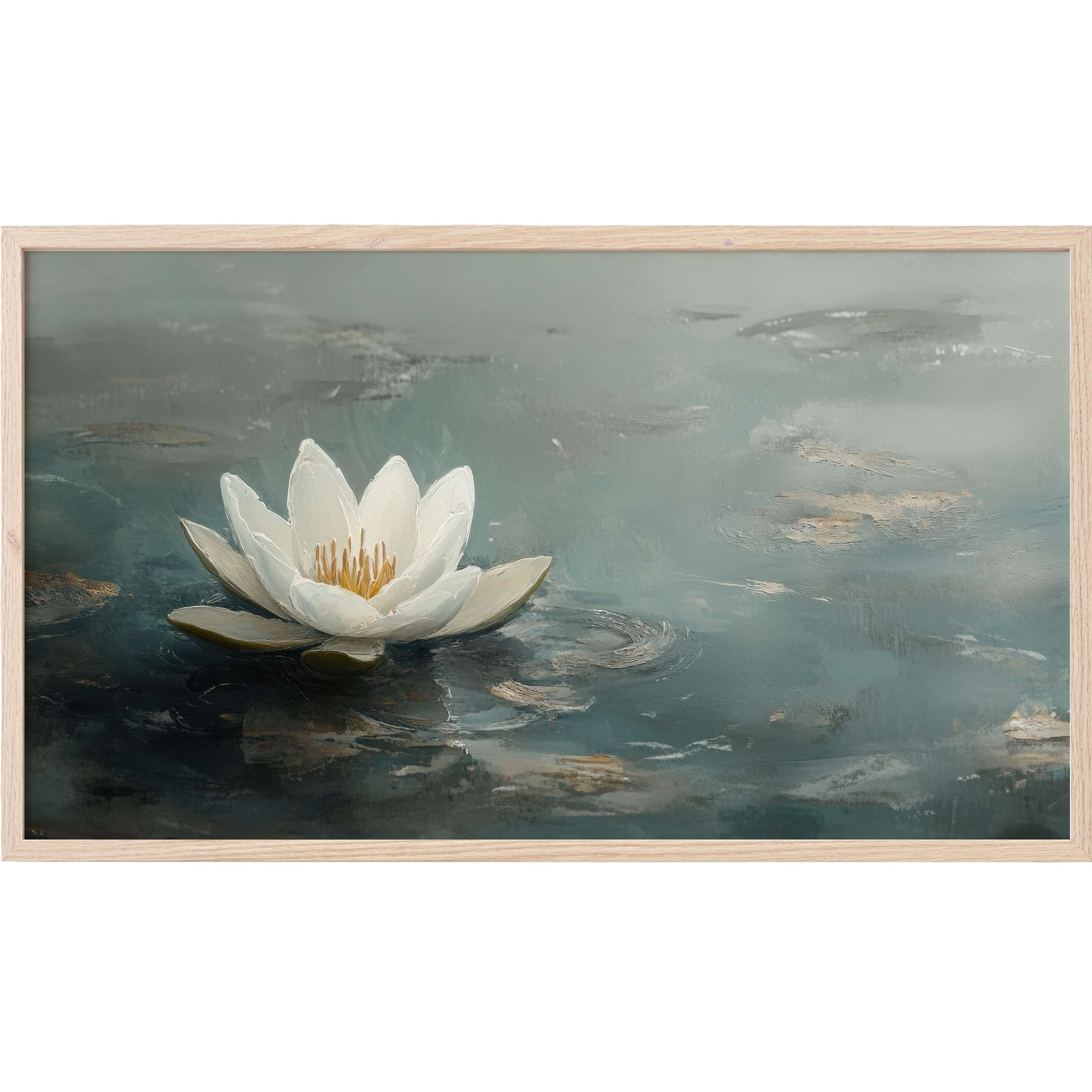 Elegant white lotus floating on soft teal water with muted accents in botanical Frame TV Art style