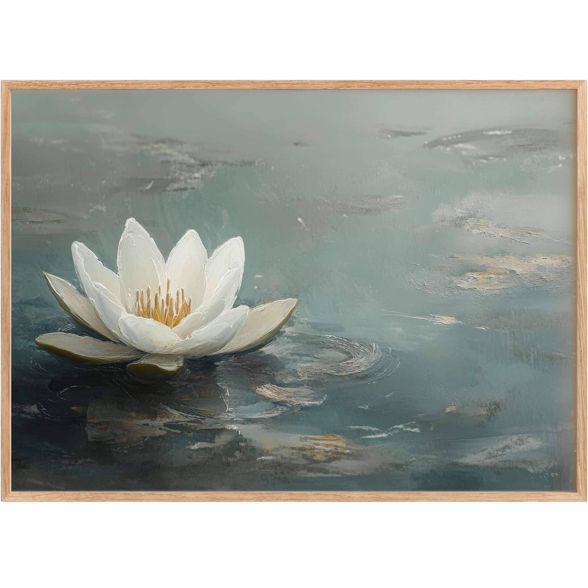 Ethereal white lotus petals float on serene teal waters, a calming botanical printable wall art for refined interiors