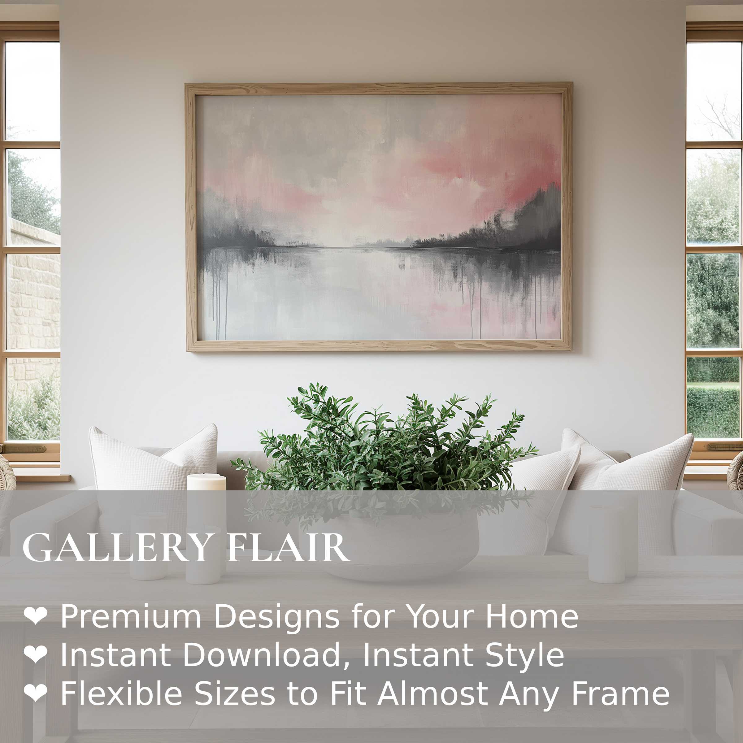 Abstract wall art print with soft pink and gray hues, radiating serene elegance in a modern, minimalist living room