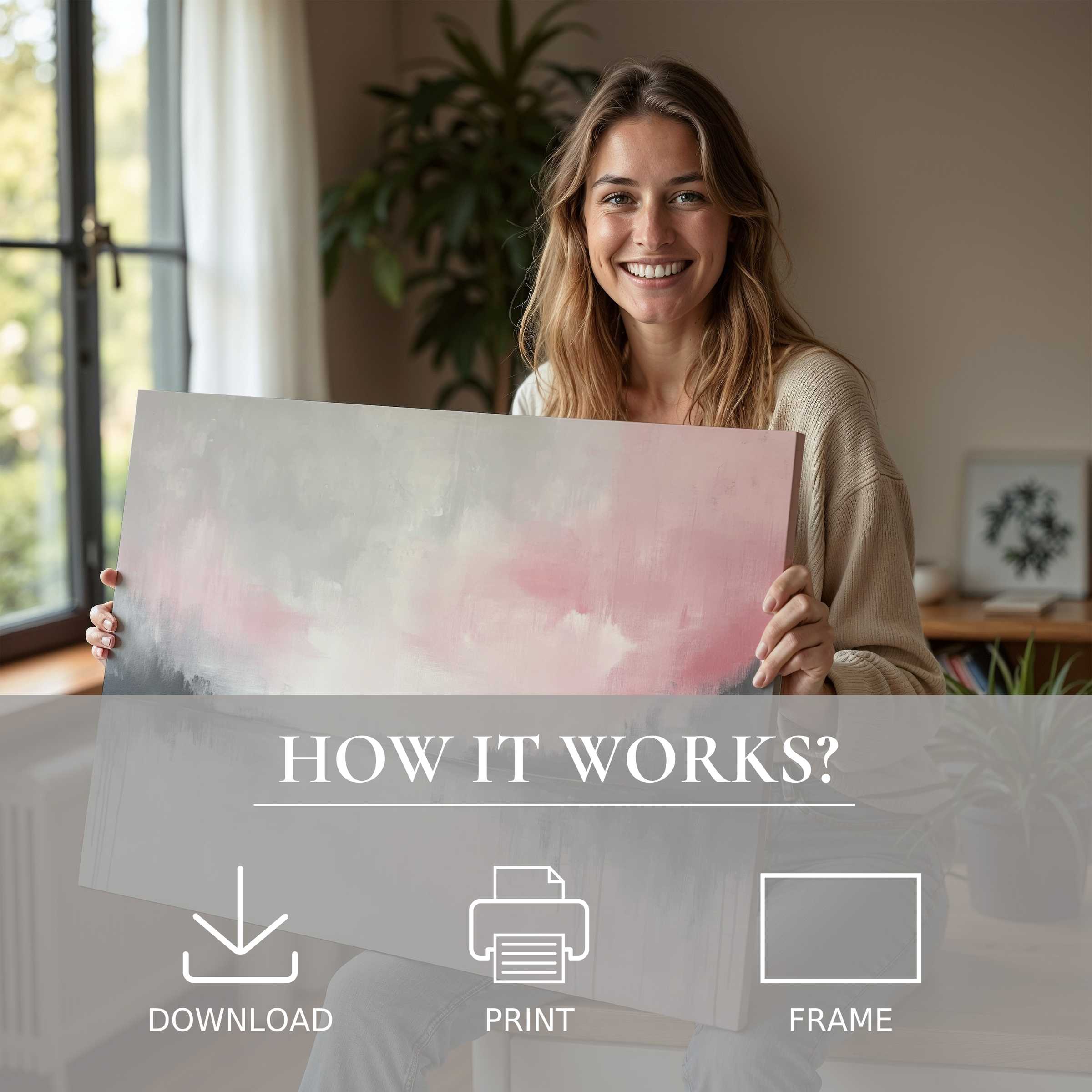 Radiating joy and calm, a woman presents an abstract digital art print in soft hues, enriching her modern home with serene elegance