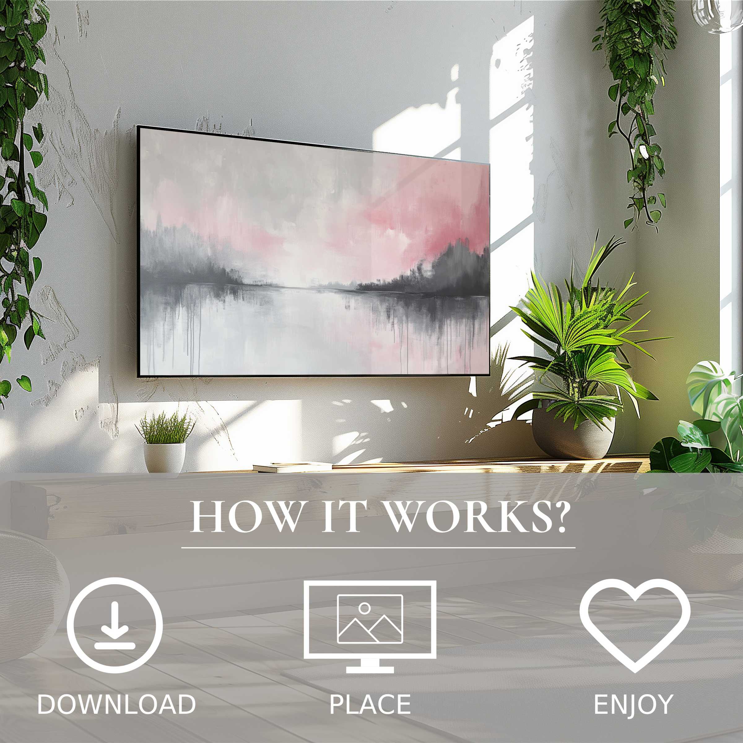 Minimalist living room with abstract art for Samsung TV in soft pink and gray tones, easy digital download
