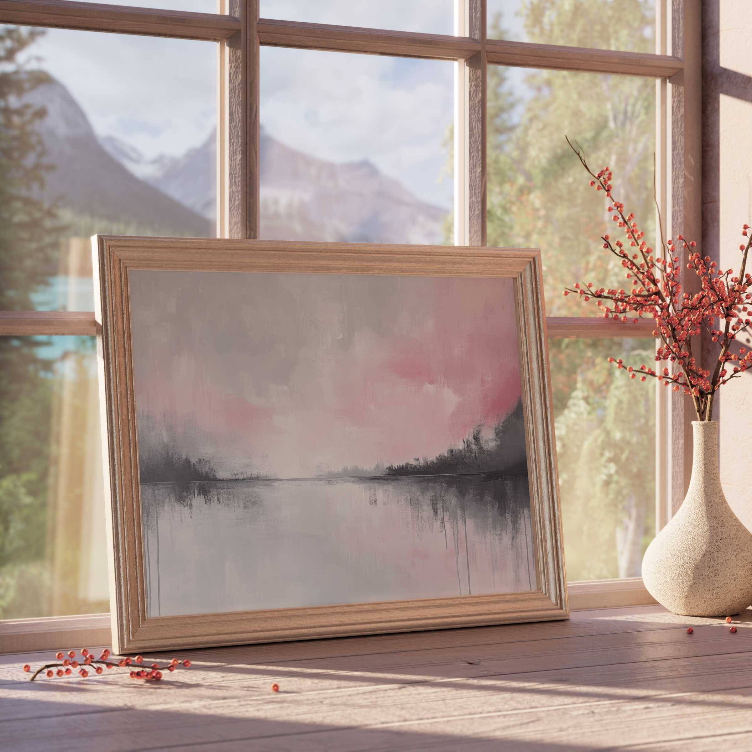 Abstract downloadable art in soft blush and charcoal hues, radiating calm and elegance for curated, serene interiors