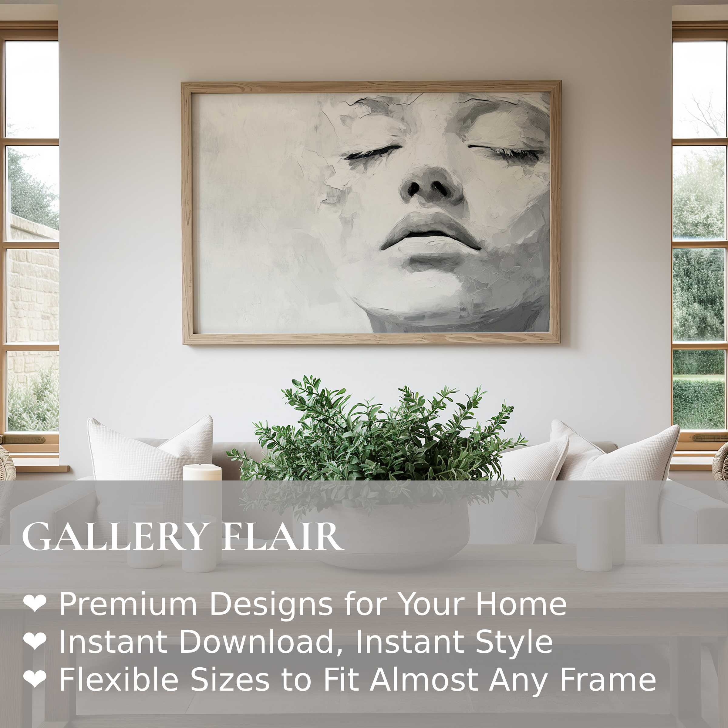 Black and white wall art print featuring a serene, textured female portrait in a modern minimalist living room, enriching calm elegance