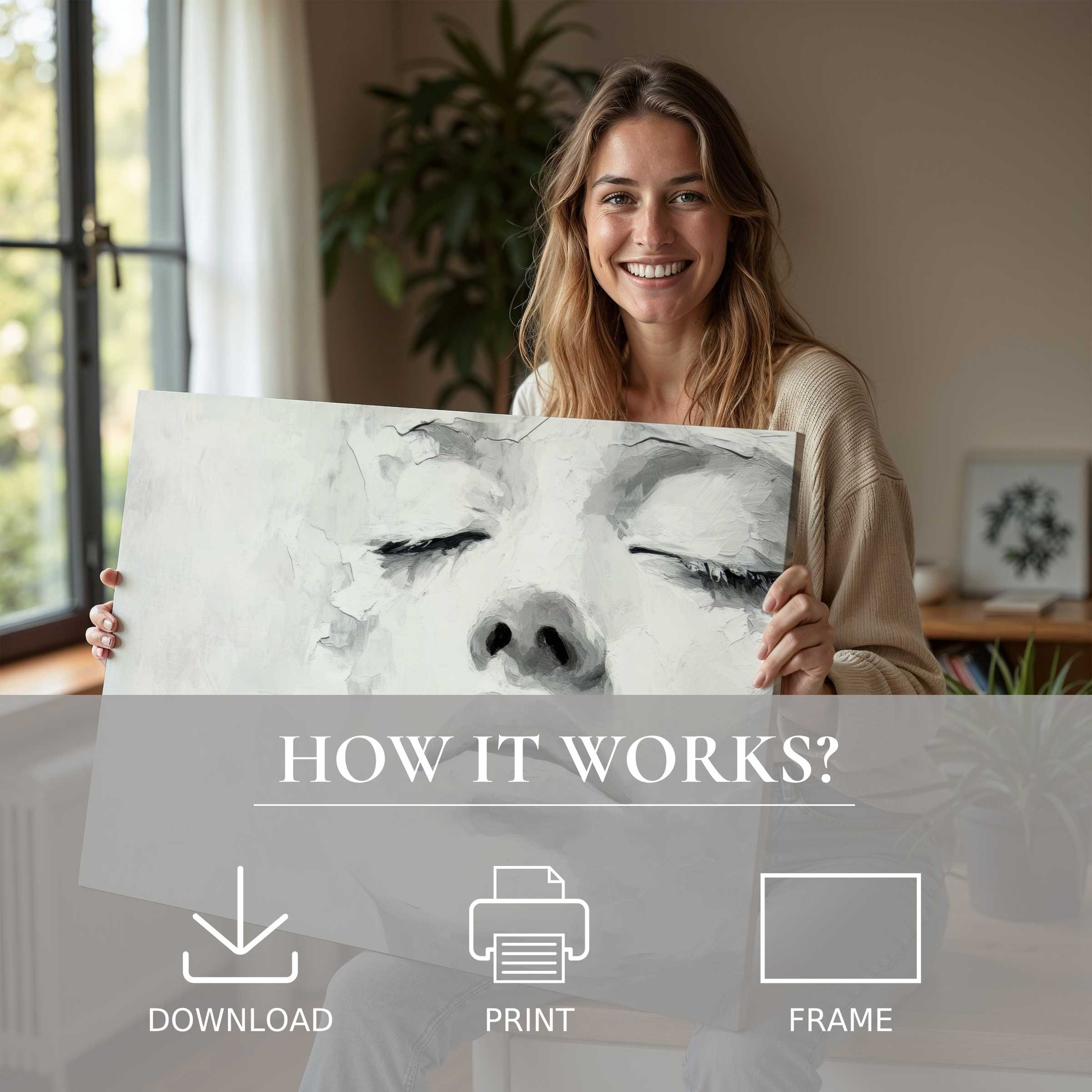 Woman joyfully embraces a black and white digital art print, capturing serene connection and effortless elegance at home