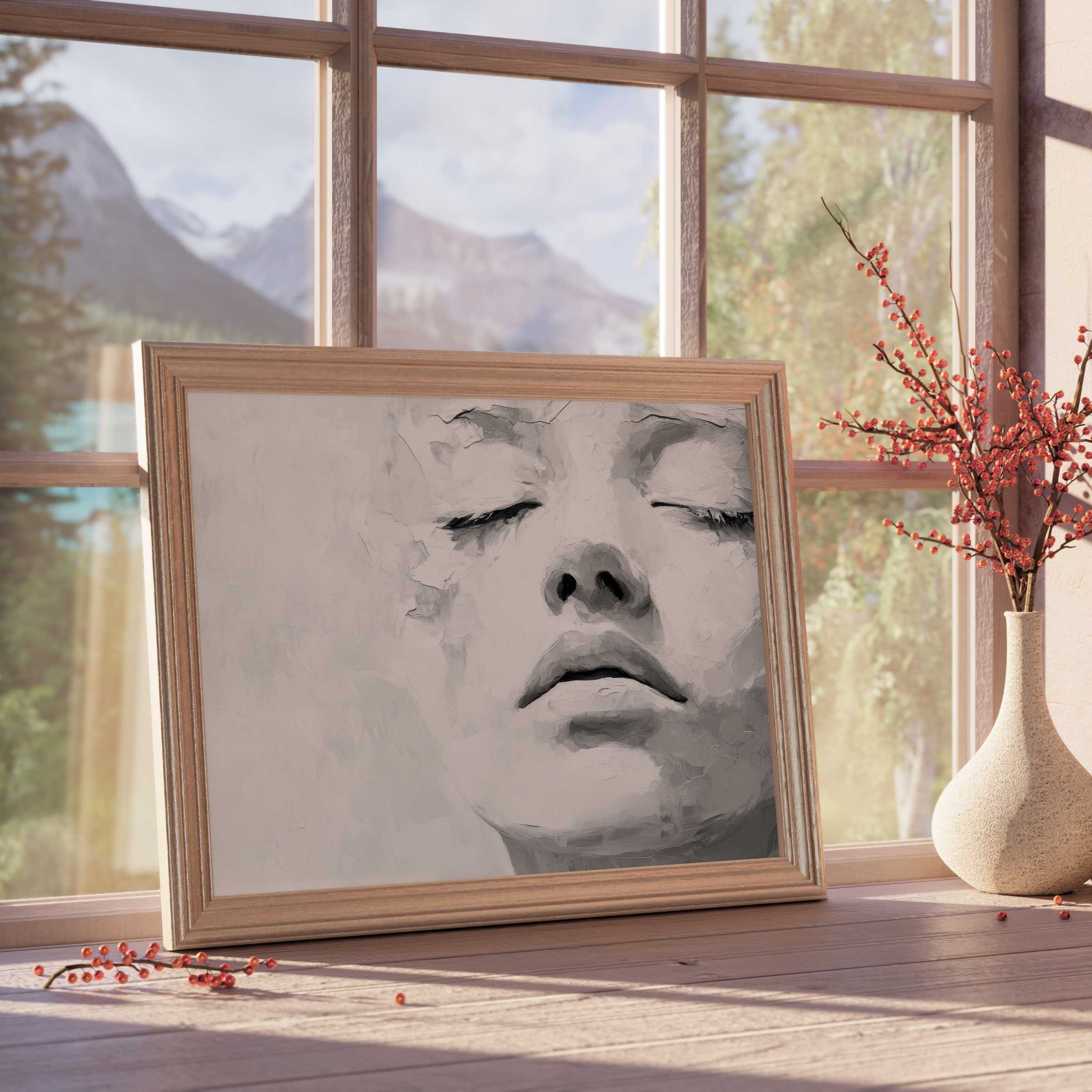 Ethereal black and white downloadable art capturing serene beauty, enriching tranquil, design-forward interiors with timeless elegance