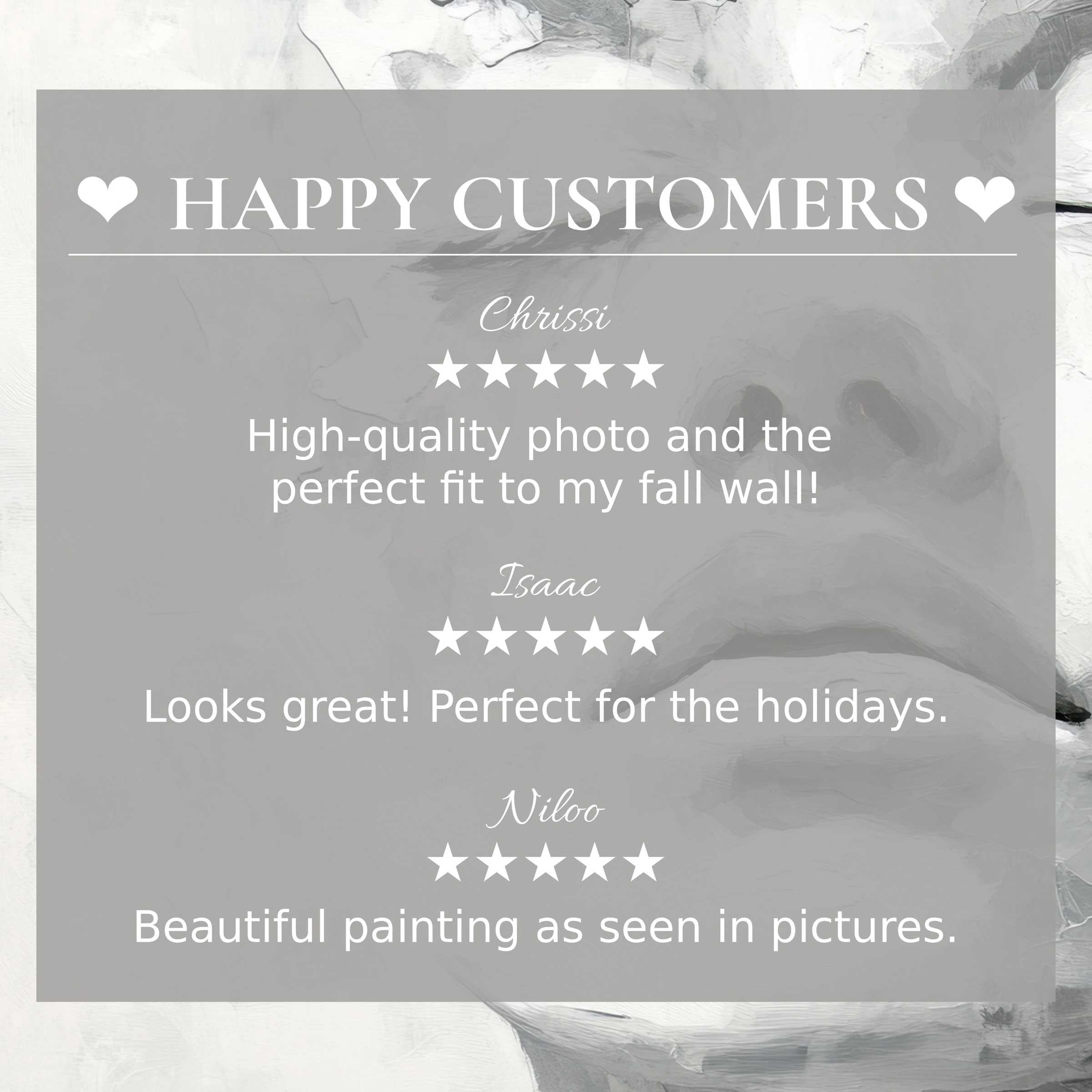 Black and white art for Frame TV with abstract grey brushstrokes, highlighting happy customer reviews and refined style