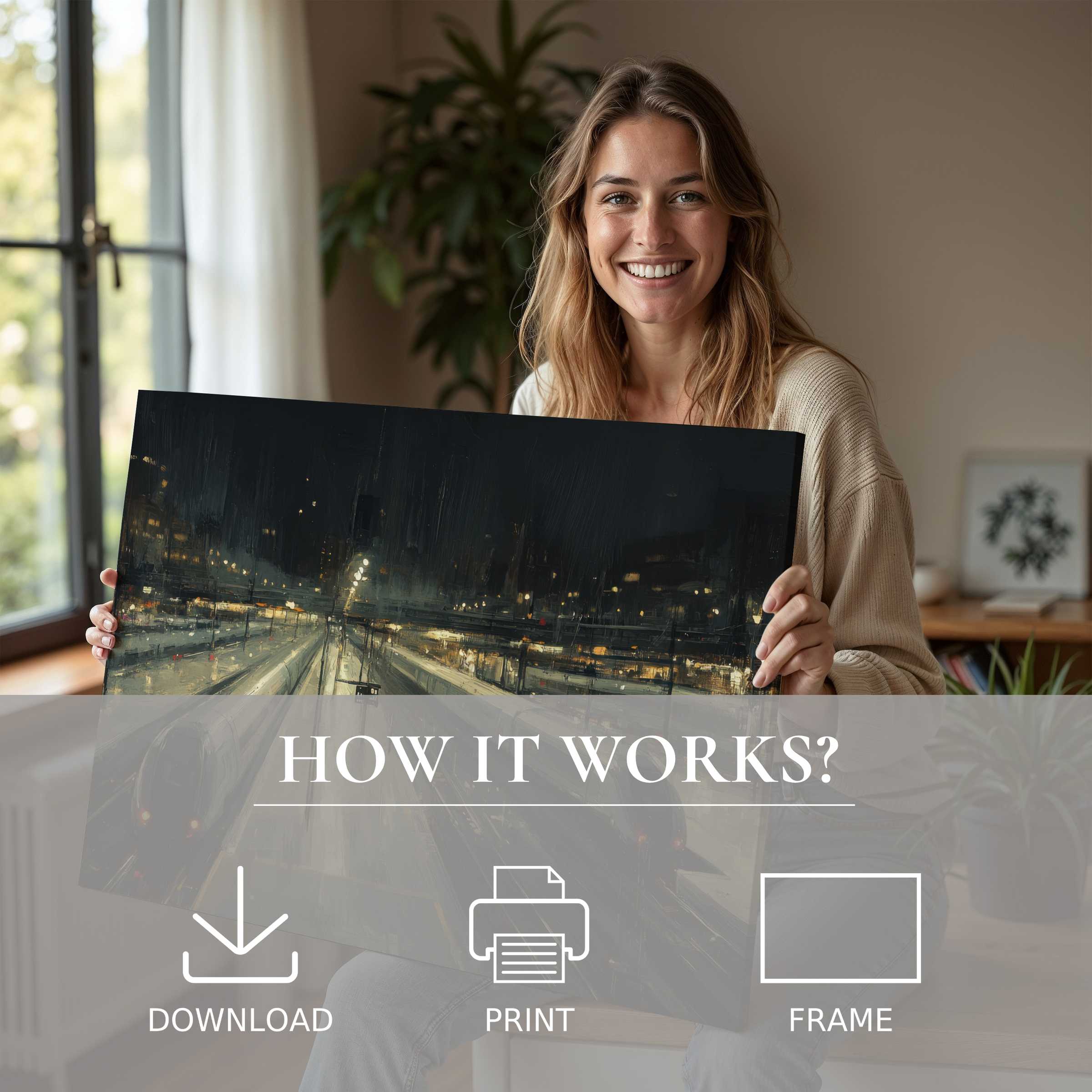 Elegant urban digital art print embraced in a chic home, capturing a serene moment of joyful connection with modern décor