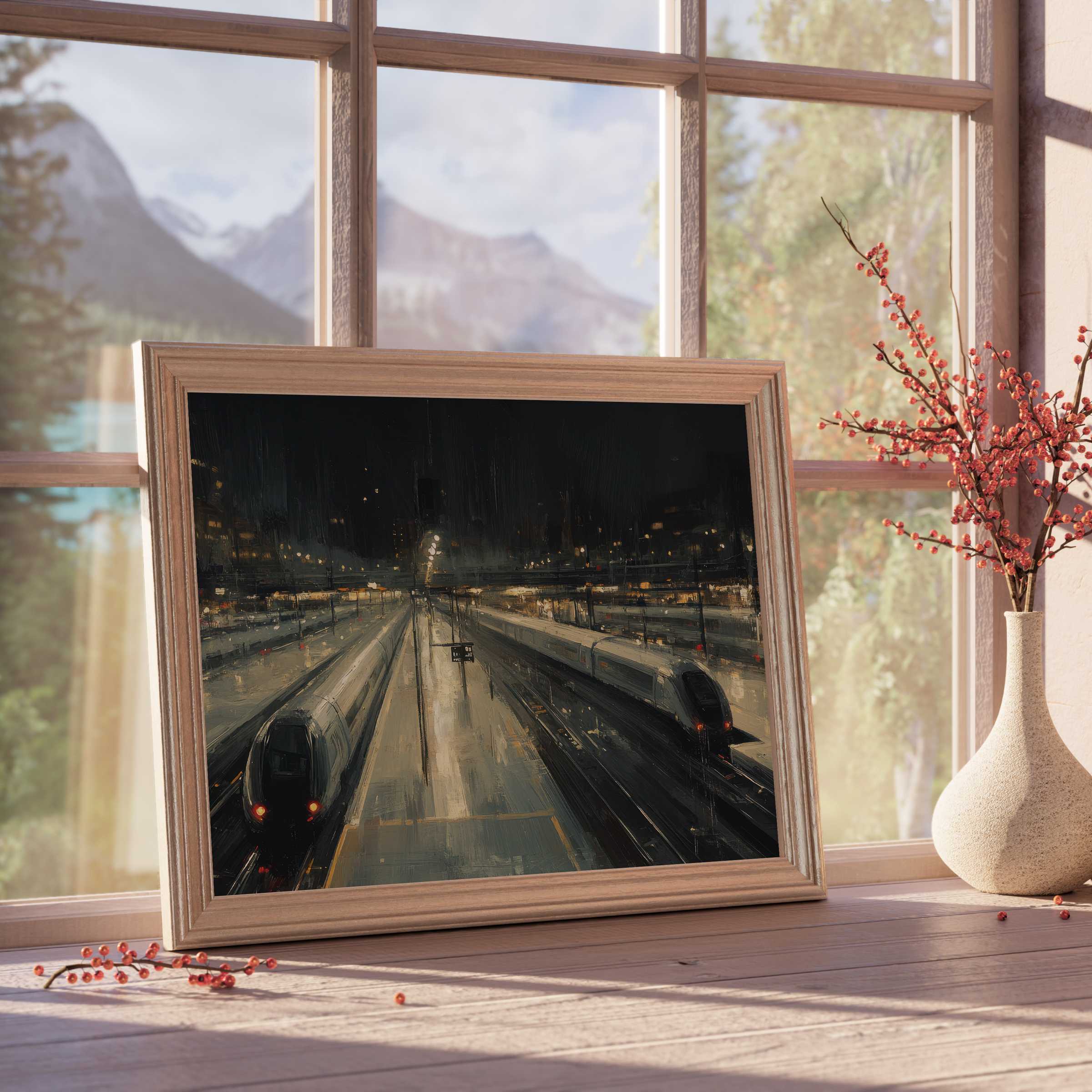 Urban downloadable art capturing moody train station nights, infusing tranquil sophistication and textured depth into curated, design-forward interiors
