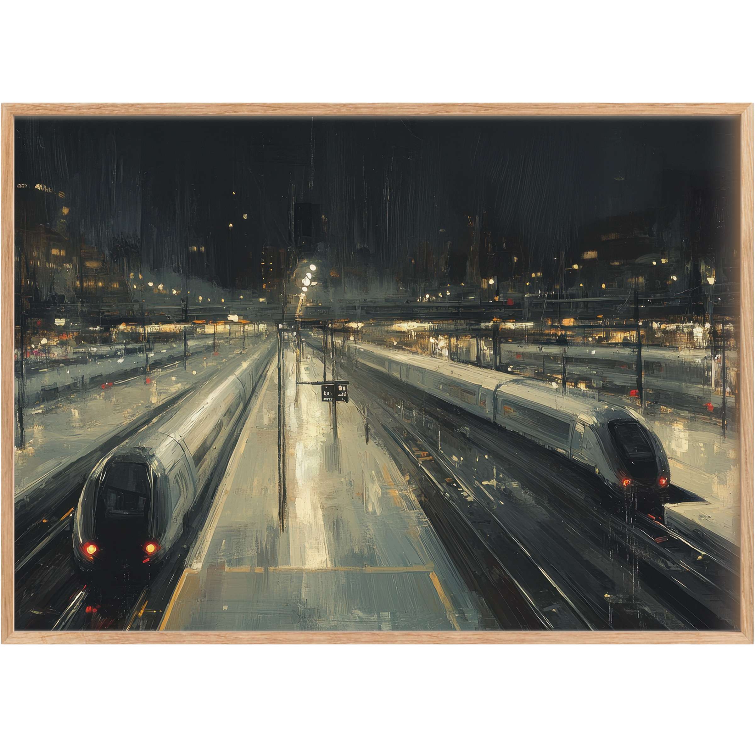 Sleek urban printable wall art capturing a nocturnal train station bathed in moody blues and warm amber lights, evoking a serene, reflective ambiance
