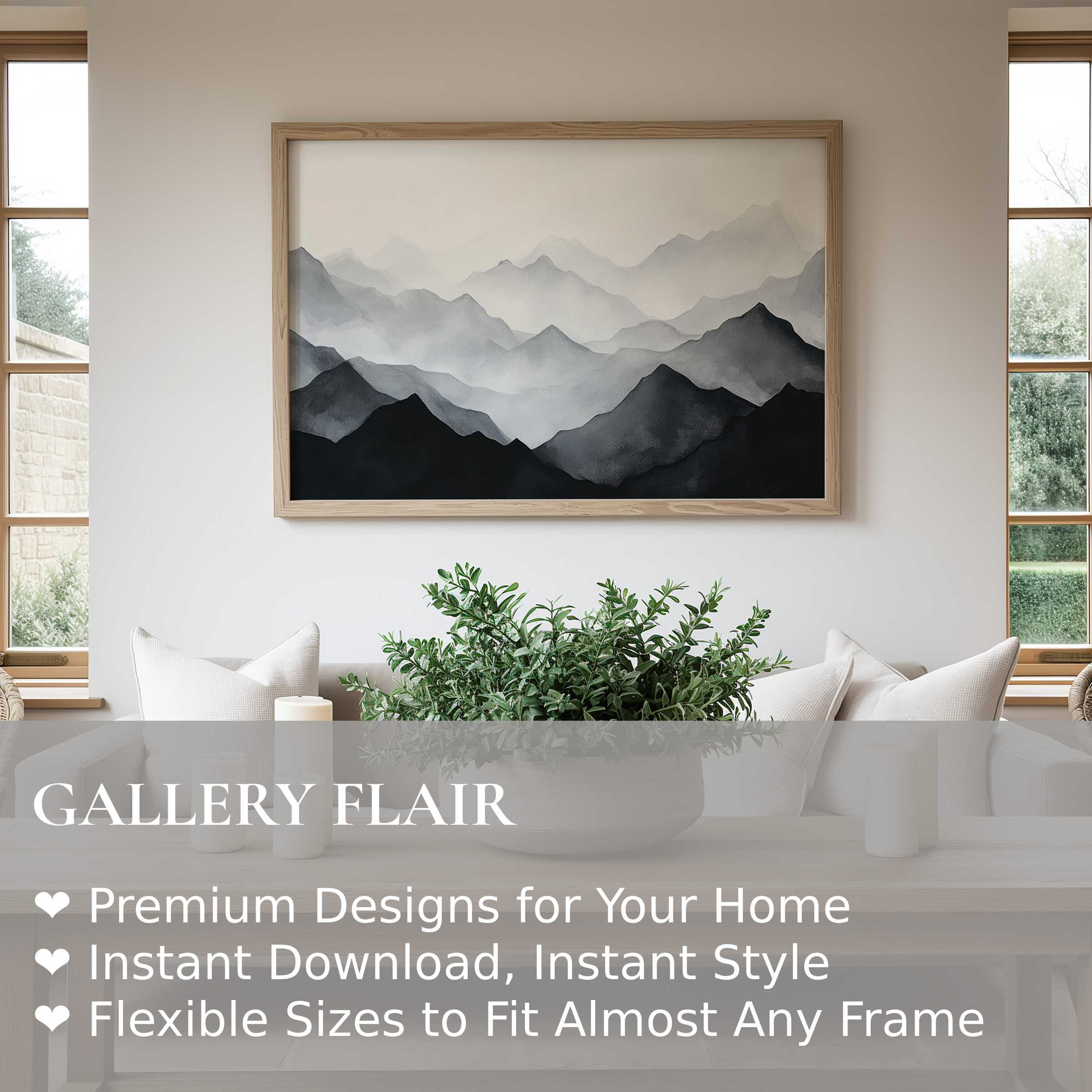 Modern wall art print featuring serene monochrome mountain layers in muted greys, enhancing a minimalist, Scandinavian living space with calm elegance