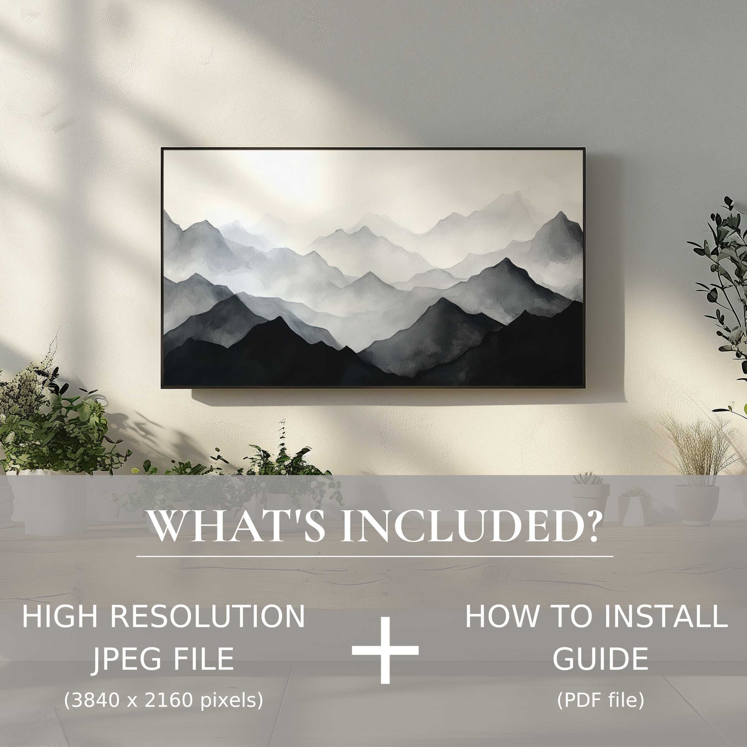 Elegant modern digital TV art download of misty mountains, effortlessly enhancing your serene living space