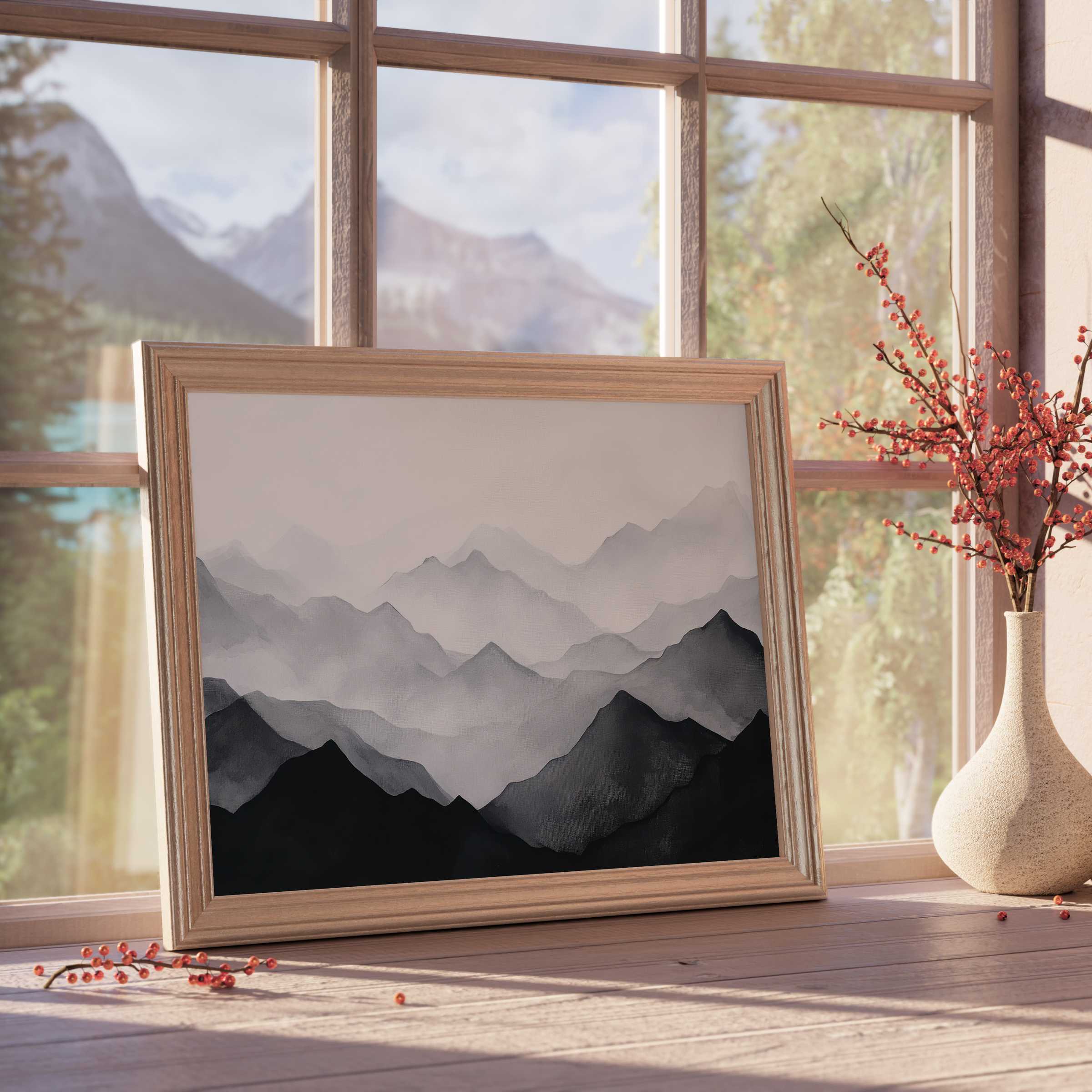 Serene modern downloadable art featuring layered misty mountains in muted tones, elevating tranquil, design-forward interiors