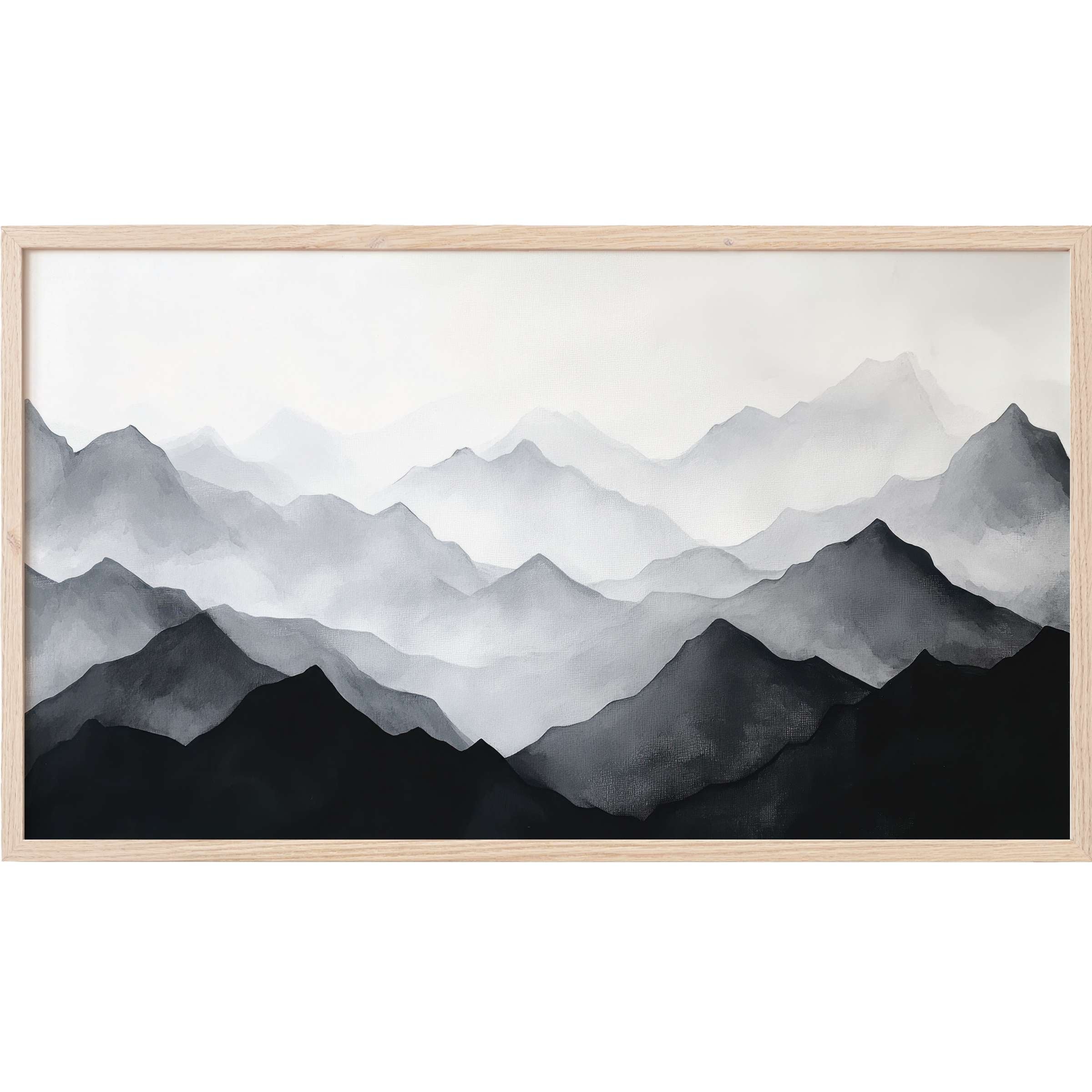 Elegant monochrome mountain layers in soft grays and blacks, a serene modern Frame TV Art for stylish interiors