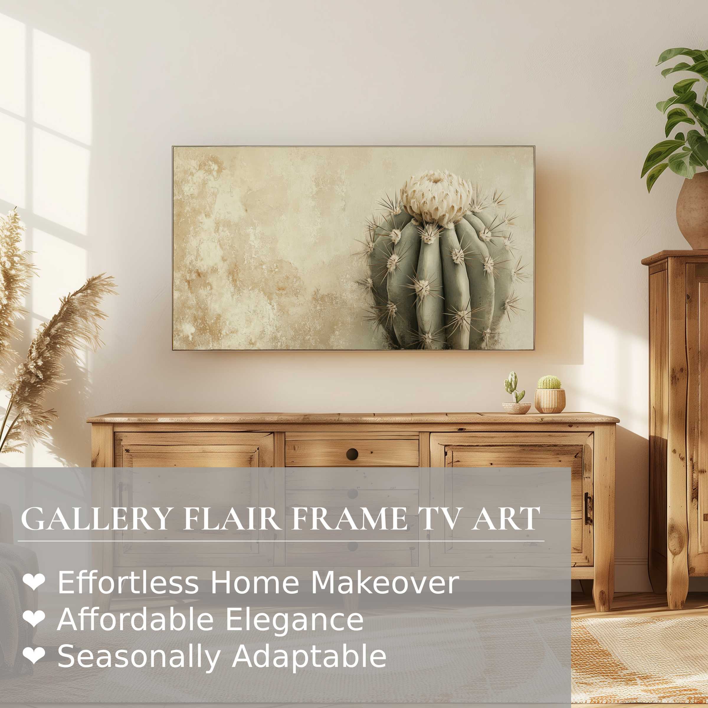 Samsung Frame TV displaying neutral digital artwork of a soft-hued cactus in a warm, modern living room