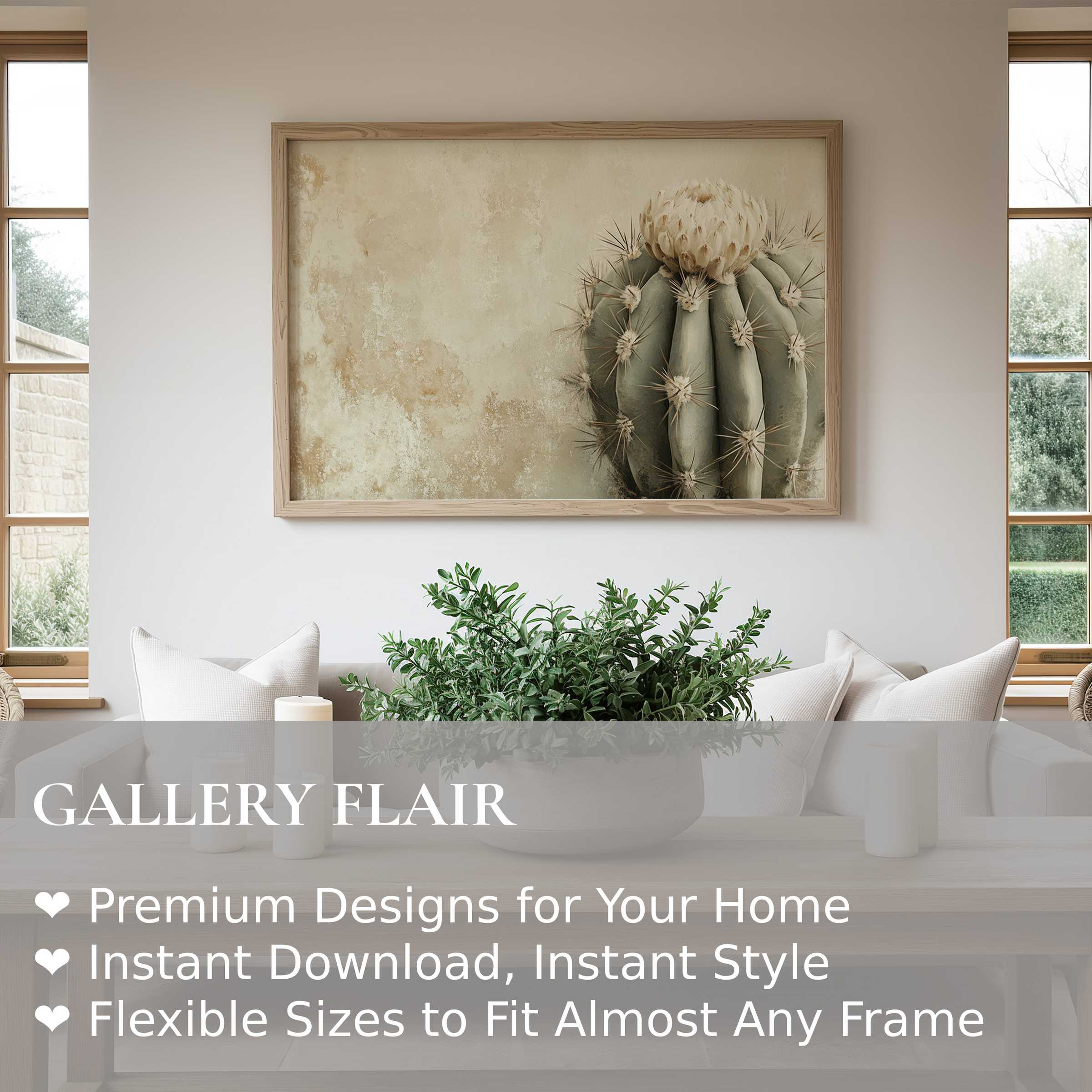 Neutral wall art print showcasing a serene cactus with soft earthy tones, enhancing modern minimalist and natural interiors with calming, organic elegance