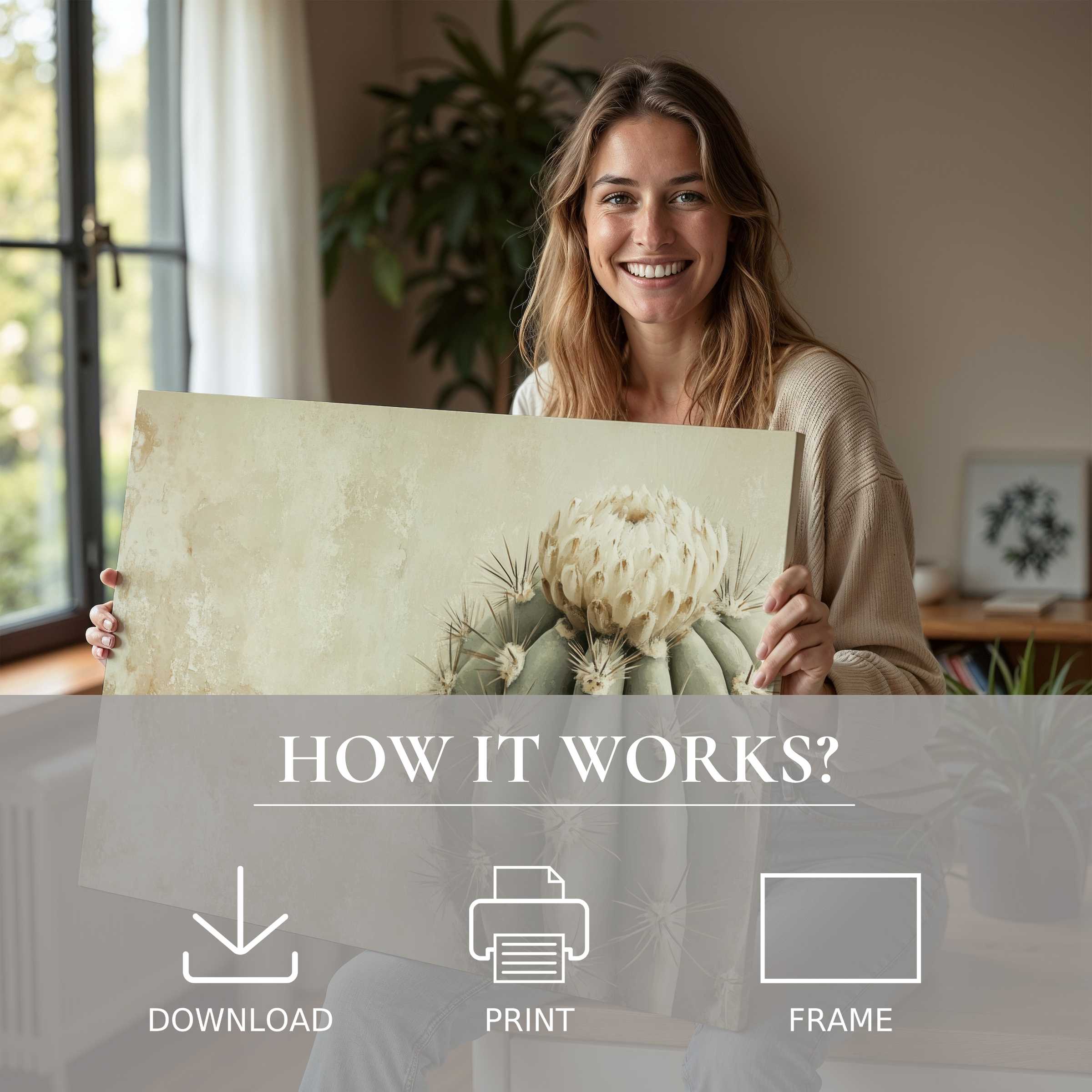 A serene moment of joy as a woman embraces a neutral digital art print featuring soft, natural tones, embodying effortless elegance in modern living