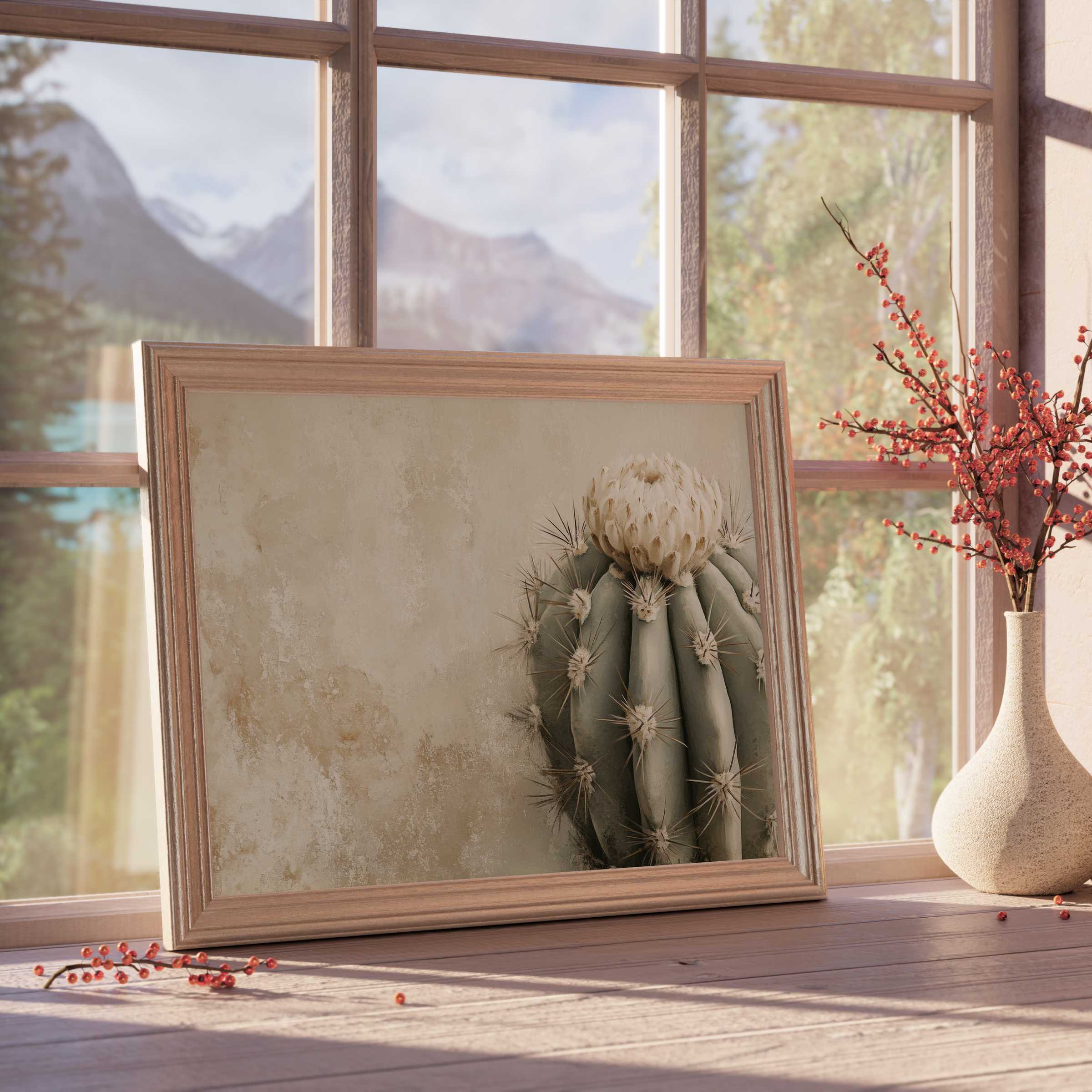 Neutral downloadable art featuring a serene cactus blossom in soft earth tones, elevating tranquil, curated interiors with modern botanical elegance