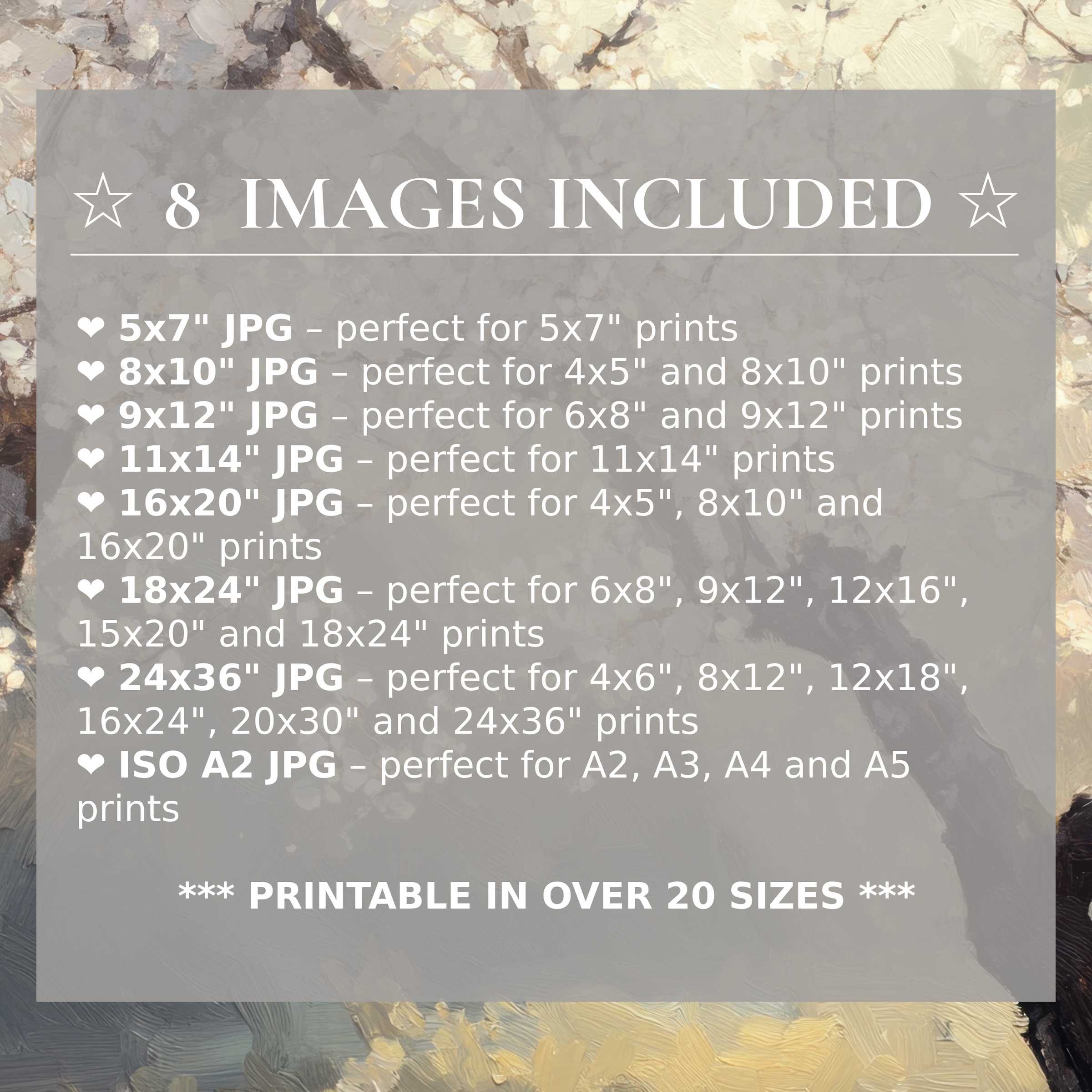 Print size guide showing 8 included JPG formats for versatile wall art printing – perfect for framing in popular sizes from 5x7 to 24x36 and A2