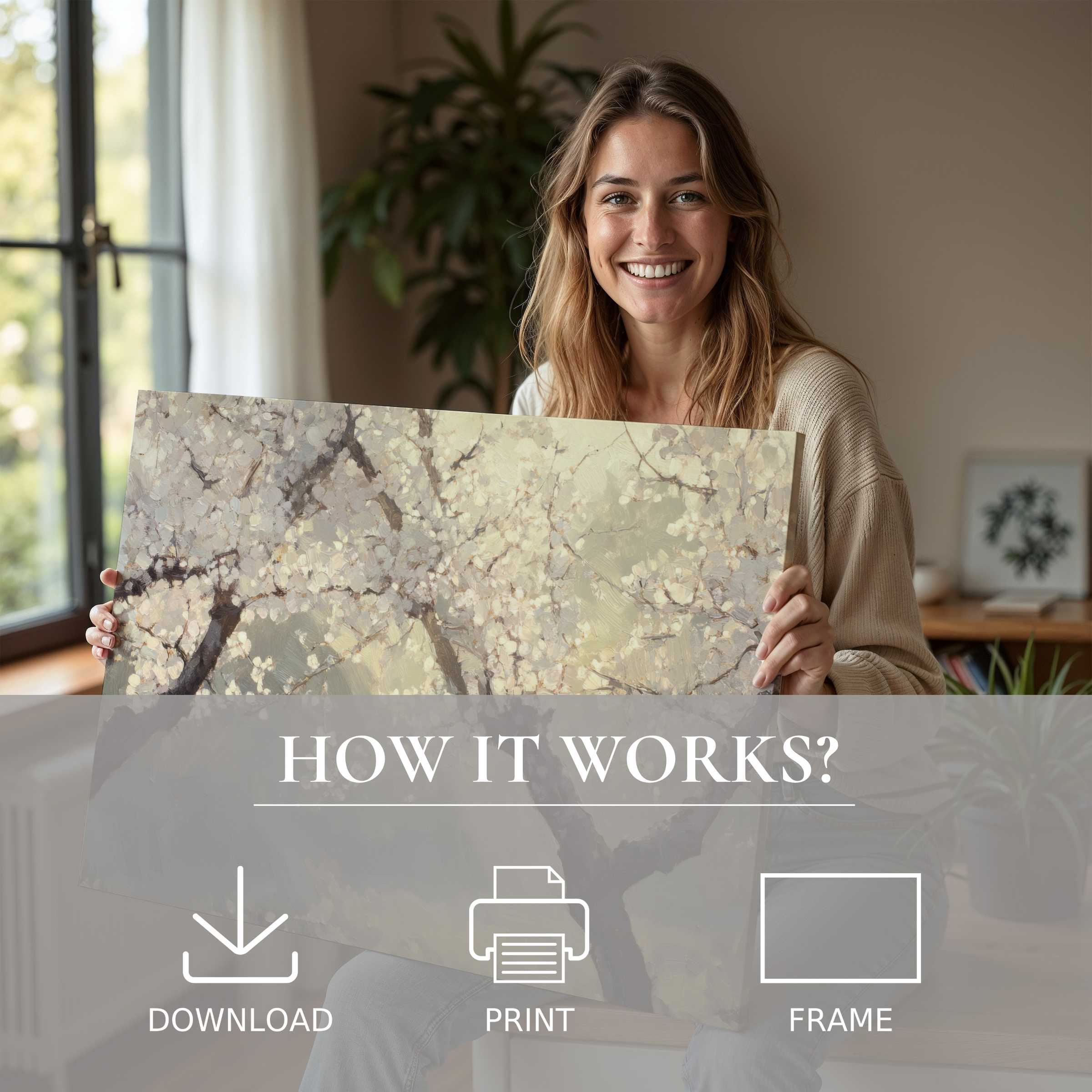 A joyful moment unveiling a tree digital art print in soft, neutral tones, embodying serene elegance and effortless style