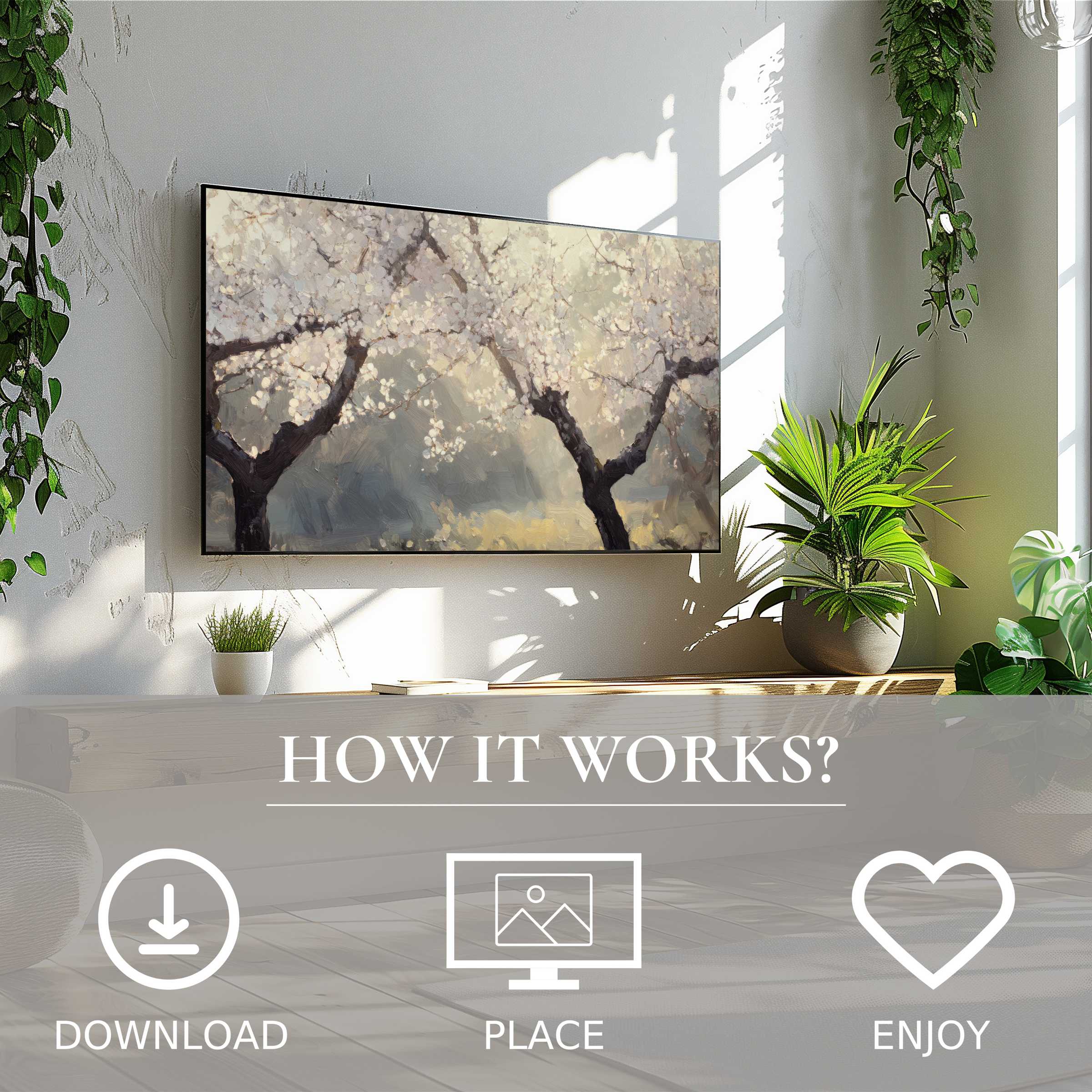 Tree art for Samsung TV shows soft sunset tones with blossoming branches, easy digital download enriches any living space