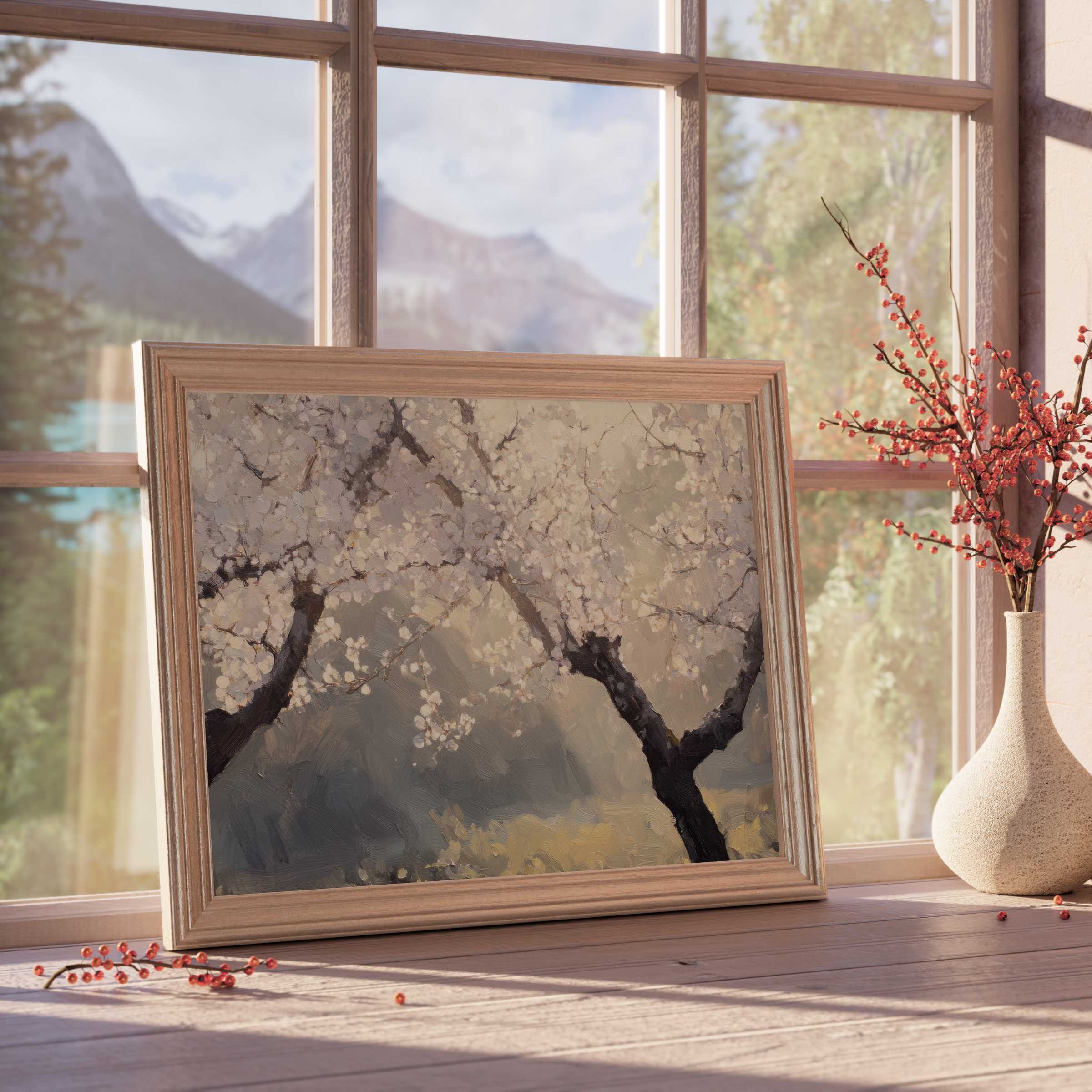 Elegant tree downloadable art featuring delicate blossoms, enriching serene, curated interiors with warm, nature-inspired tranquility