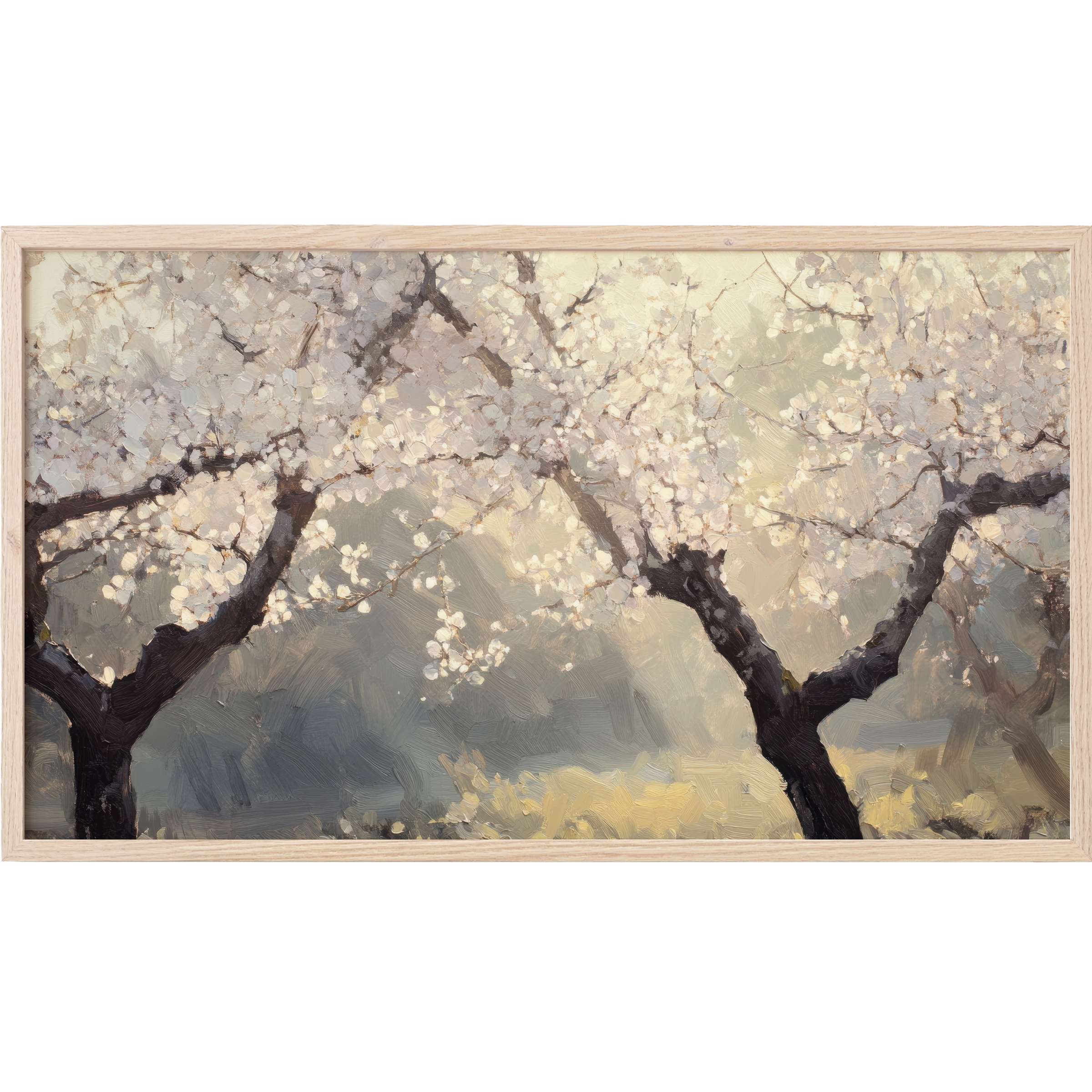 Soft pastel blossoms on dark branches evoke tranquility in this refined tree Frame TV Art