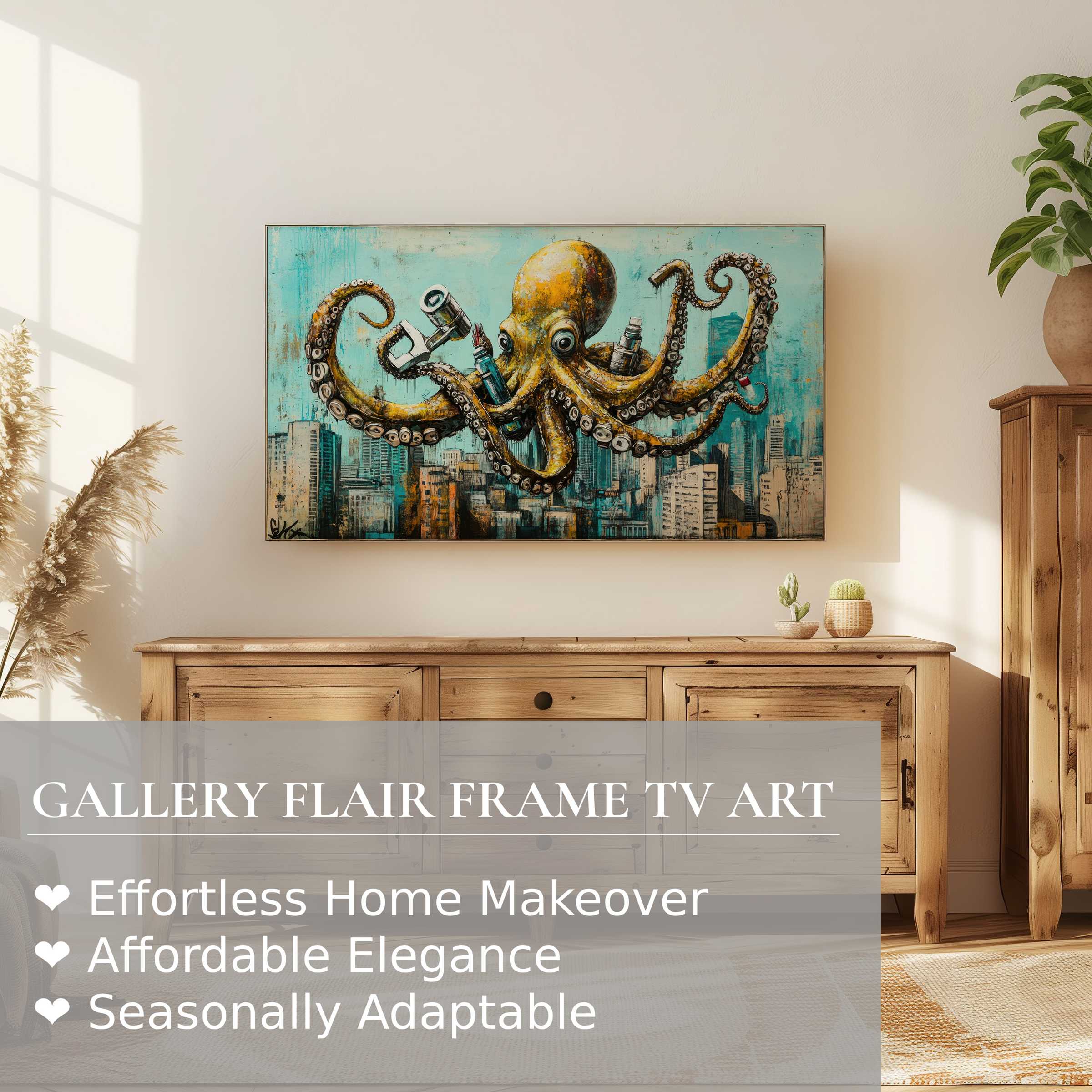 Samsung Frame TV displays vibrant street art digital artwork of an octopus over an urban cityscape, perfect for refined decor