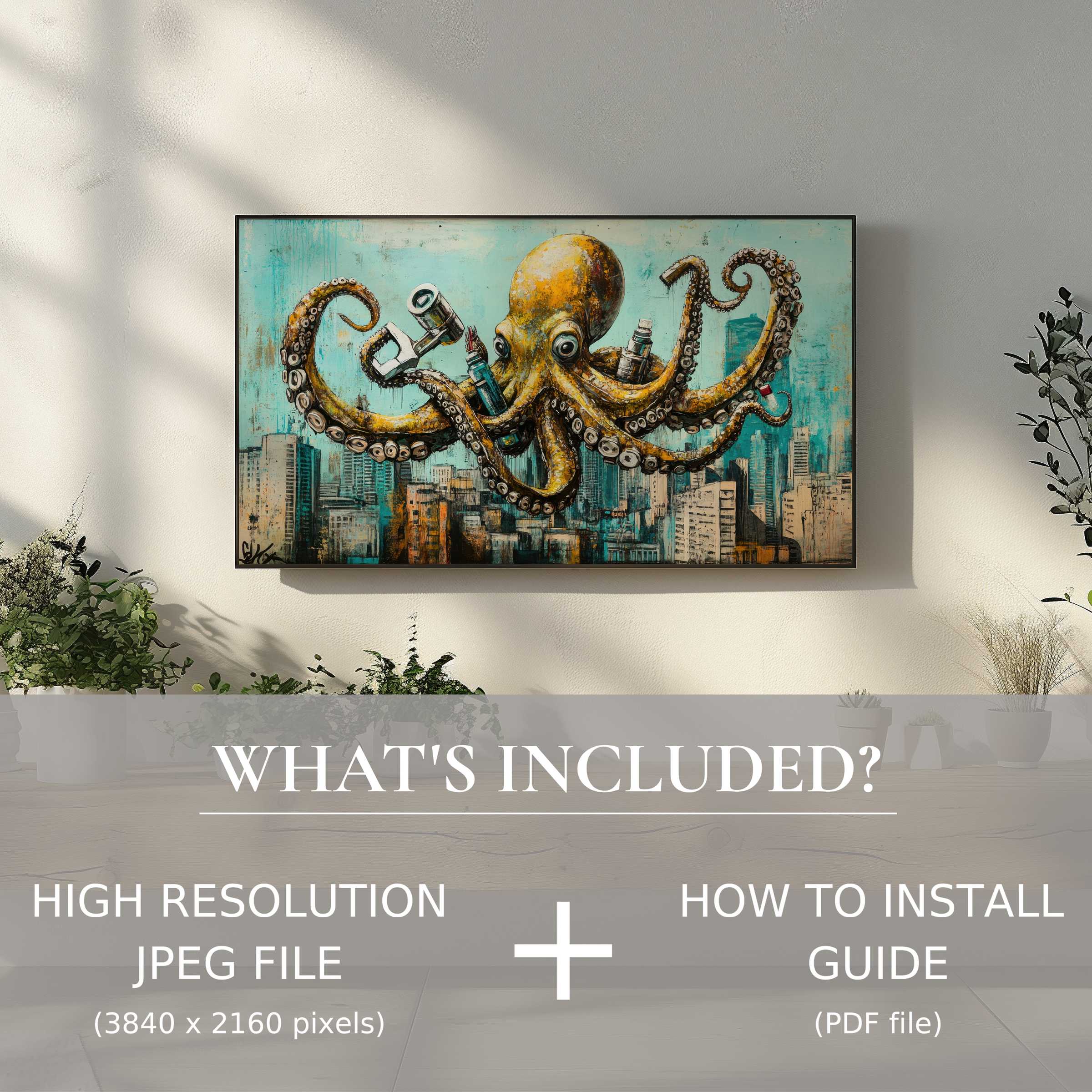 Modern living room with vibrant octopus mural on TV; street art digital TV art download enhances space, easy digital use