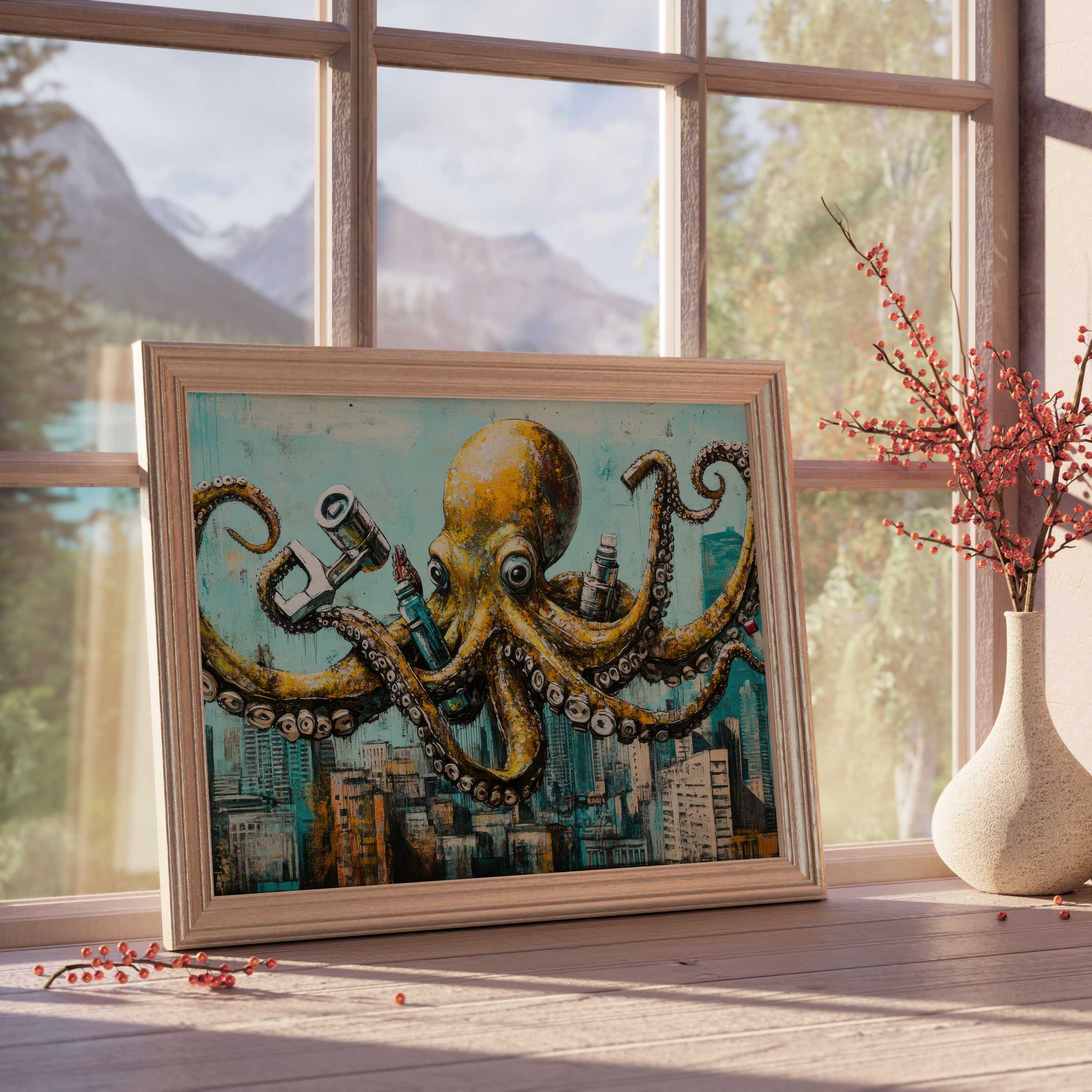 Bold street art downloadable art featuring a vibrant octopus over urban skyline, adding dynamic charm to curated, tranquil interiors