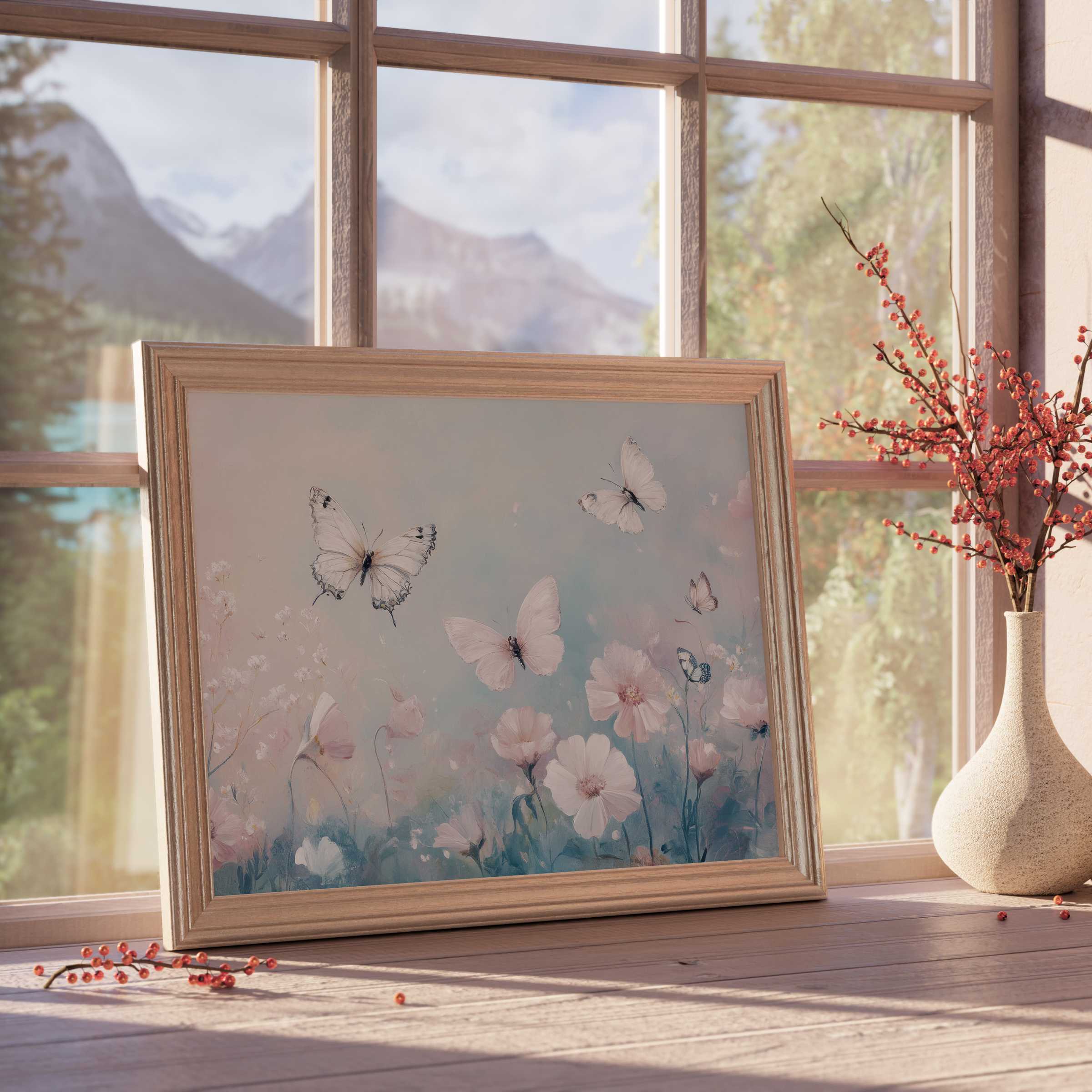 Ethereal nursery downloadable art with delicate butterflies and soft florals, perfect for serene, curated children's rooms