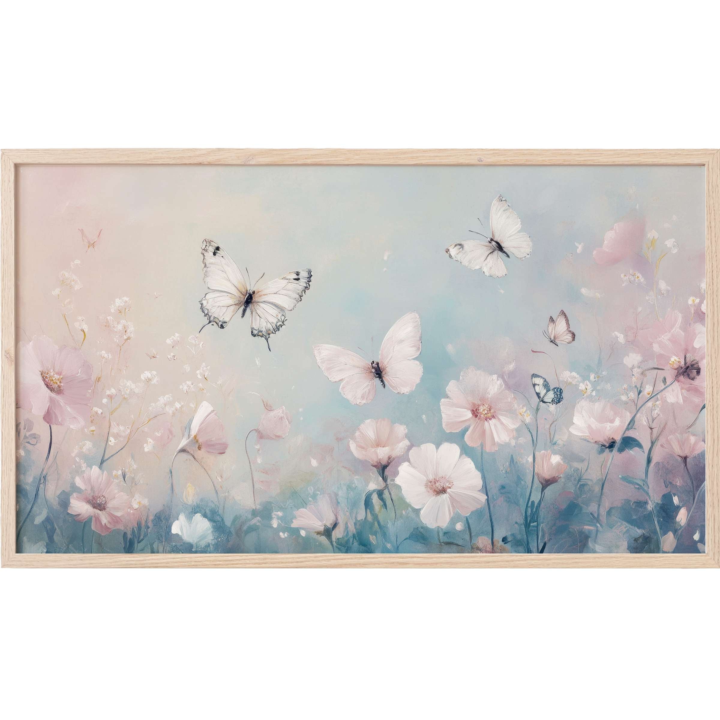 Soft pastel butterflies flutter over delicate blooms in serene nursery Frame TV Art, perfect for modern decor