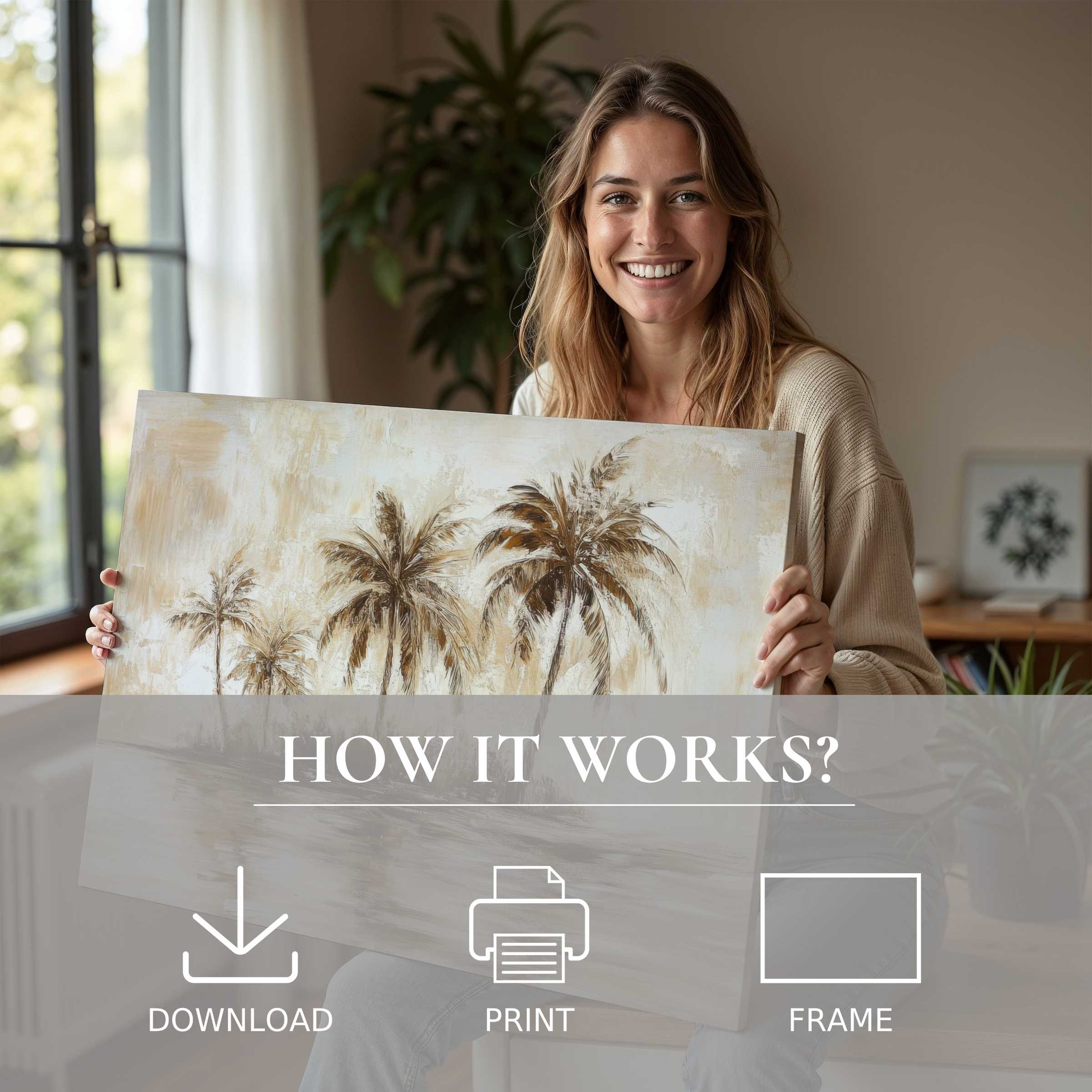 A serene moment of joy with a vintage digital art print, blending timeless warmth and modern elegance at home