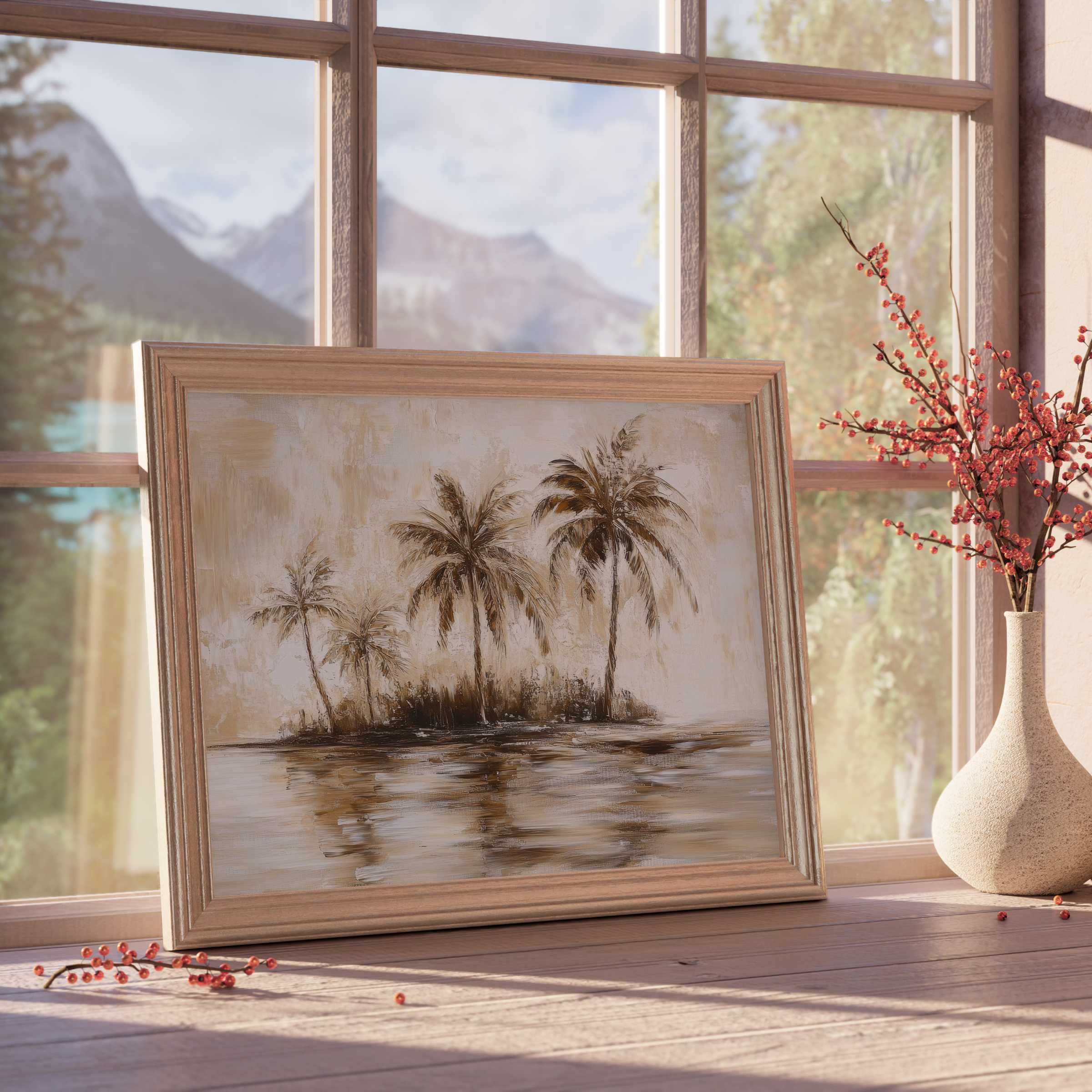 Vintage downloadable art of serene palm trees reflecting on tranquil waters, elevating curated, warm, and design-forward interiors