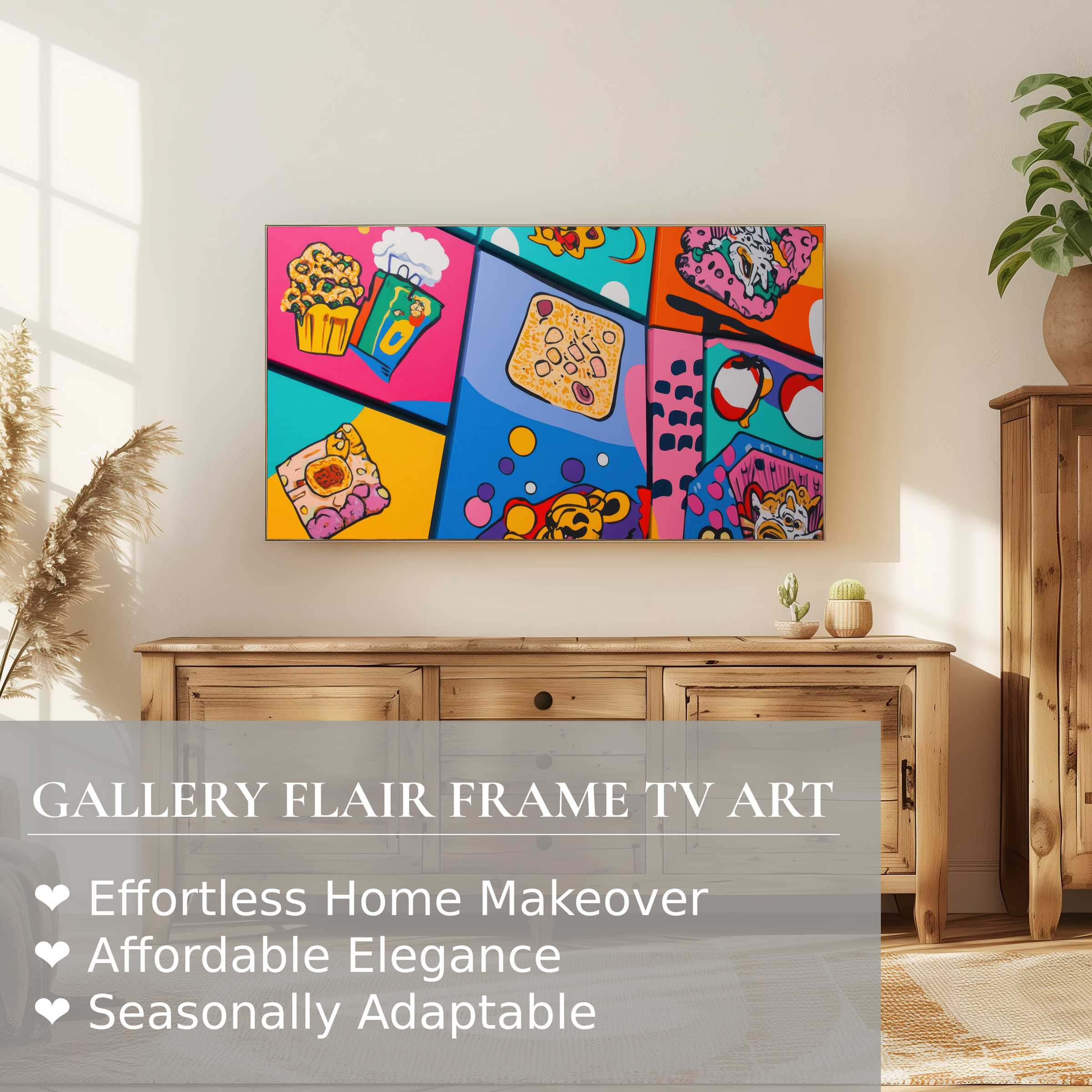 Samsung Frame TV displays vibrant pop art digital artwork, enhancing modern, elegant home decor settings with refined style