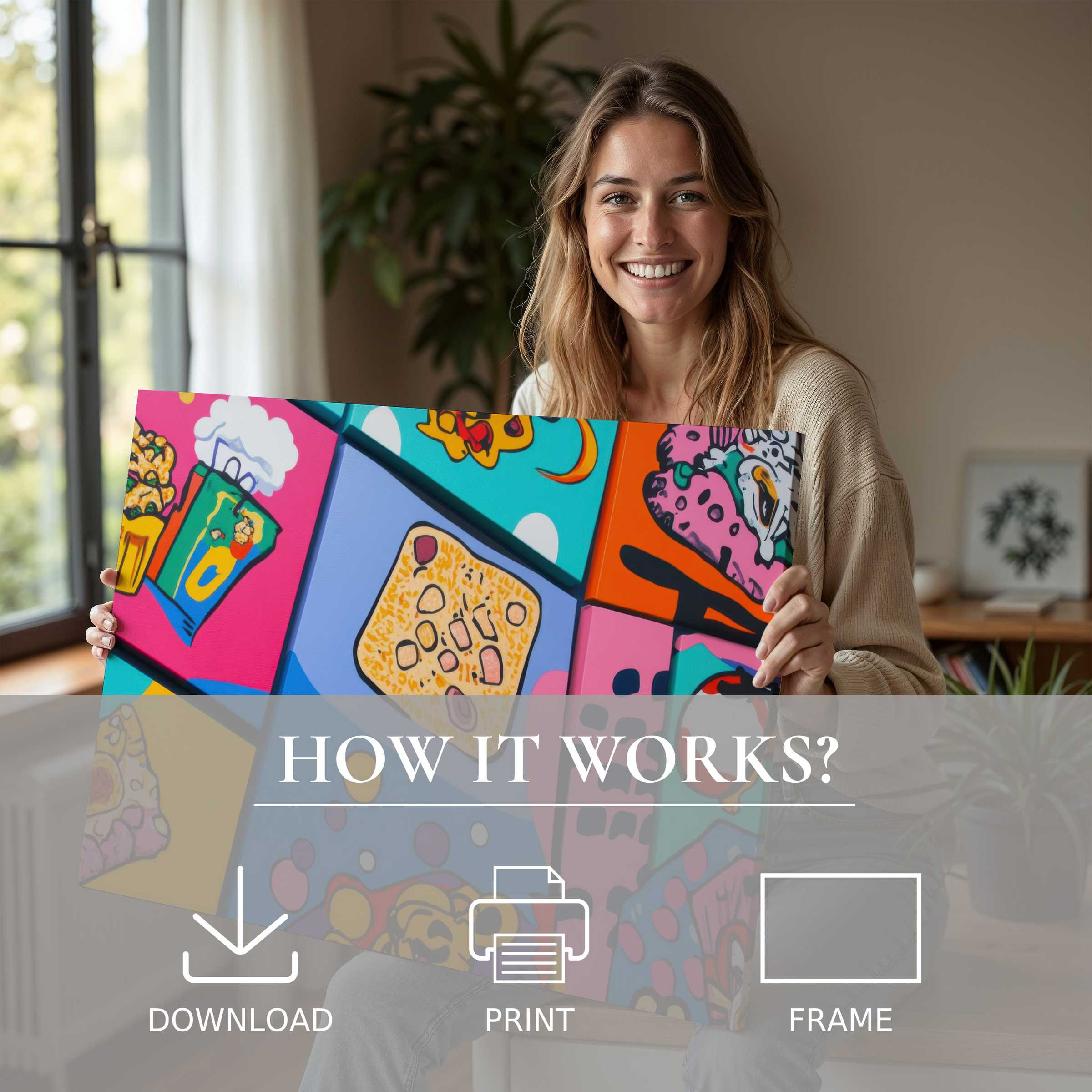 Bright pop art digital art print embraces joyful connection in a modern home, inspiring effortless living with art