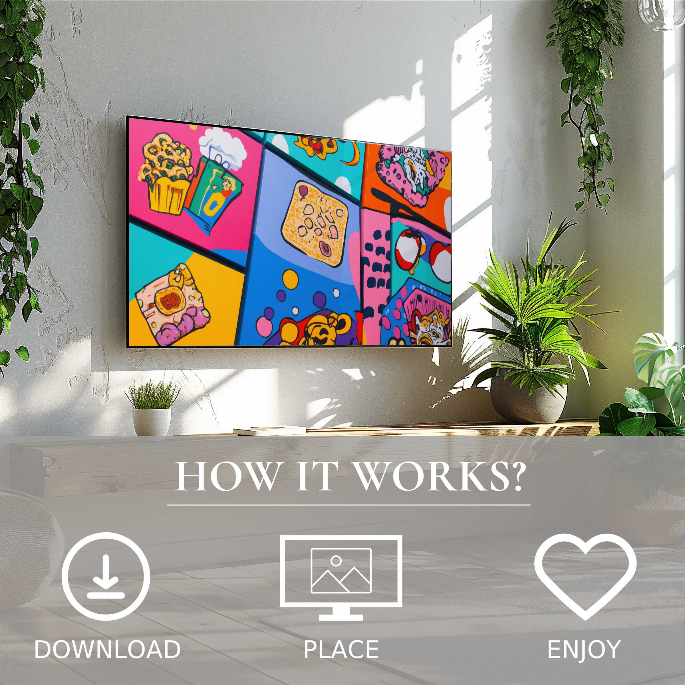 Bright pop art art for Samsung TV in stylish room, easy digital download, vibrant snack motif enriches space