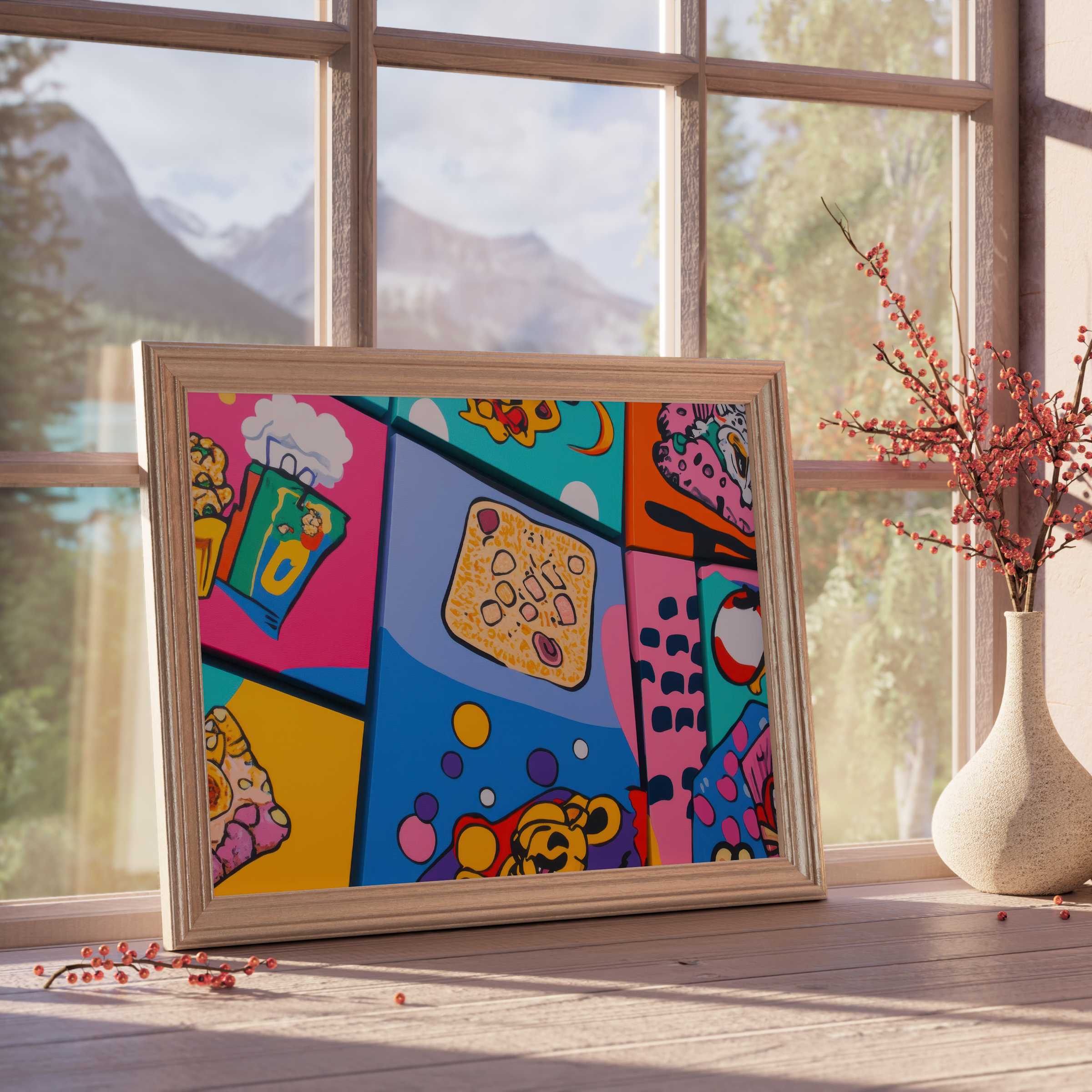 Vibrant pop art downloadable art bursting with playful colors and bold patterns, perfect for elevating curated, modern interiors
