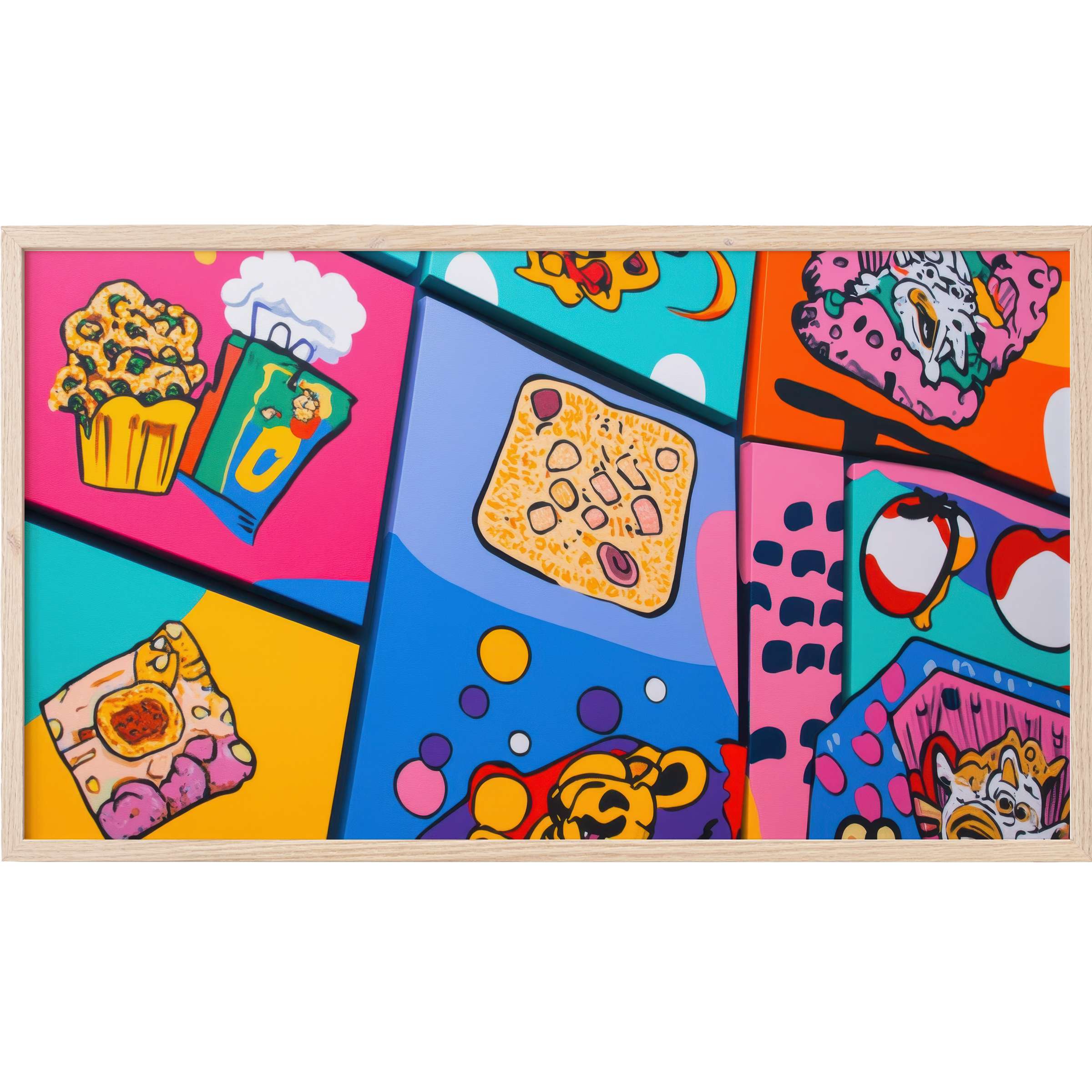 Vibrant pop art Frame TV Art featuring playful, colorful snack illustrations in bold pink, blue, orange, and teal hues