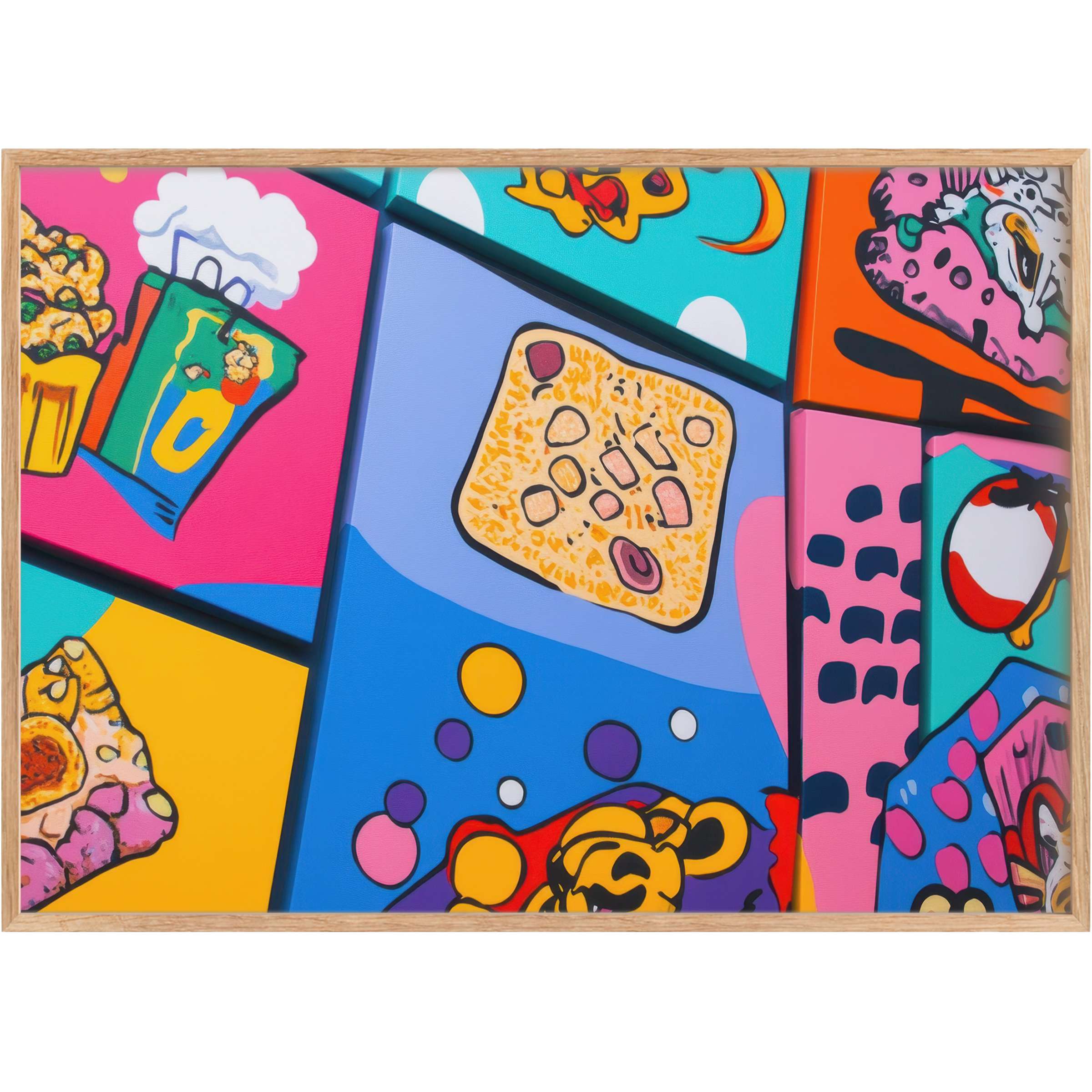 Vibrant pop art printable wall art bursting with playful pinks, blues, and yellows, igniting joy and modern sophistication