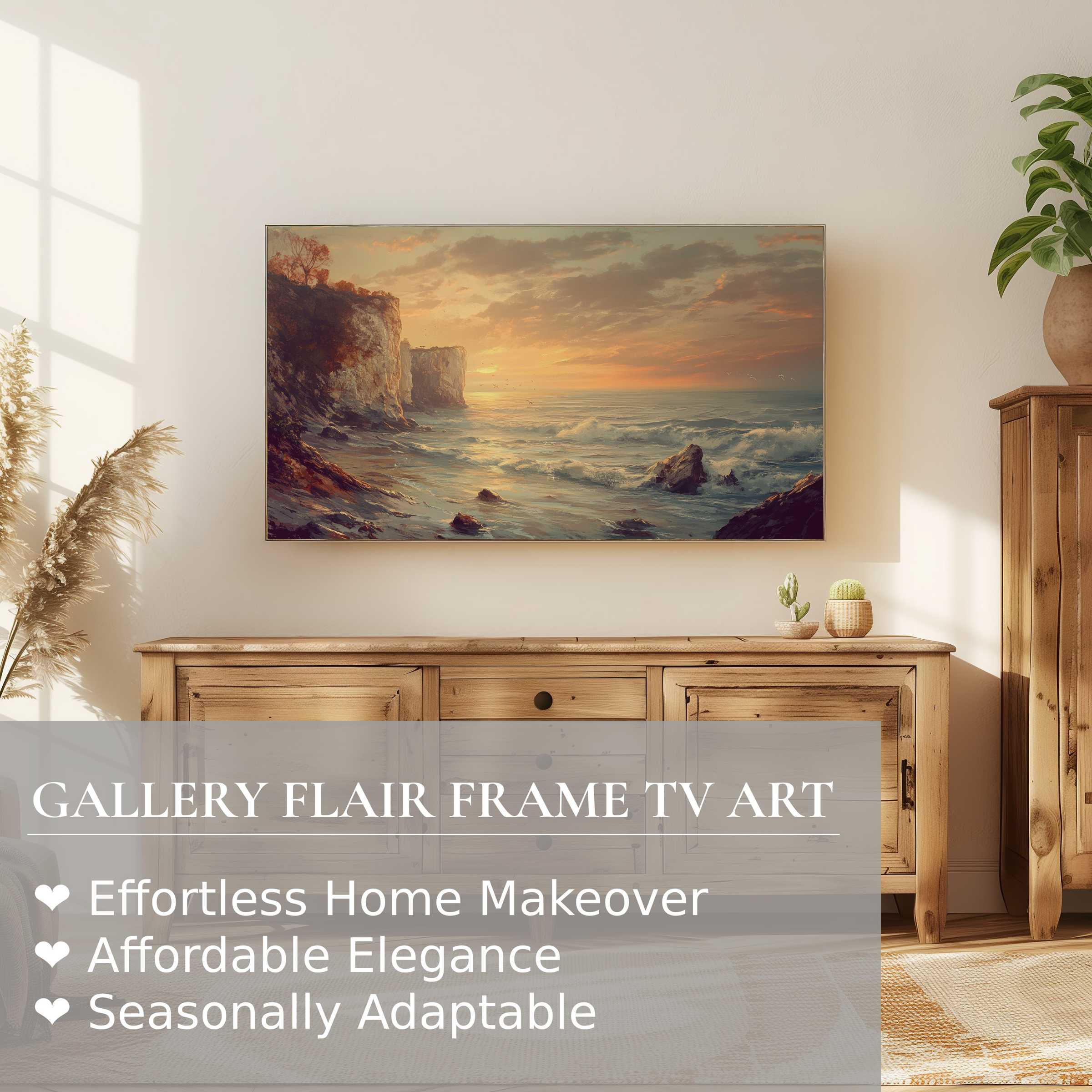 Samsung Frame TV displaying warm, serene landscape digital artwork of coastal cliffs in a modern, elegant room