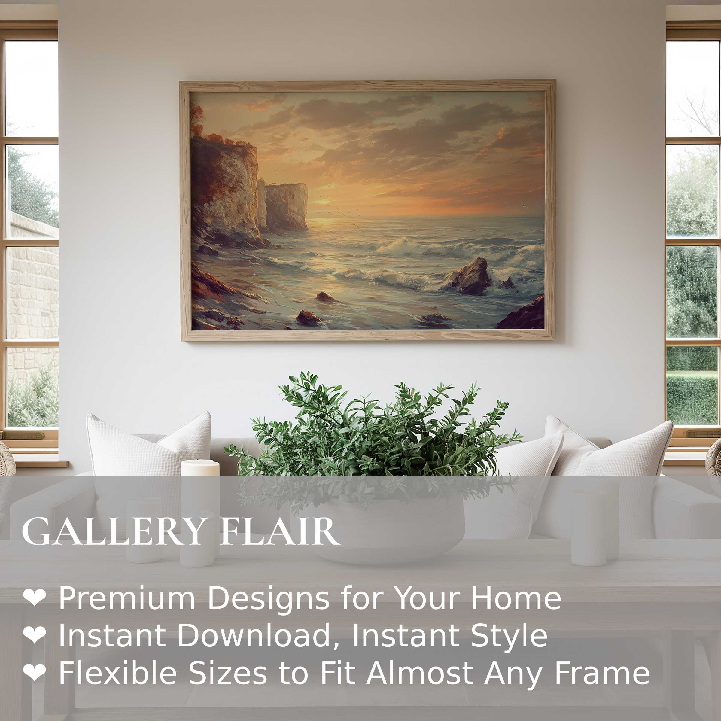 Radiant landscape wall art print capturing a serene coastal sunset with soft waves, enriching minimalist modern interiors