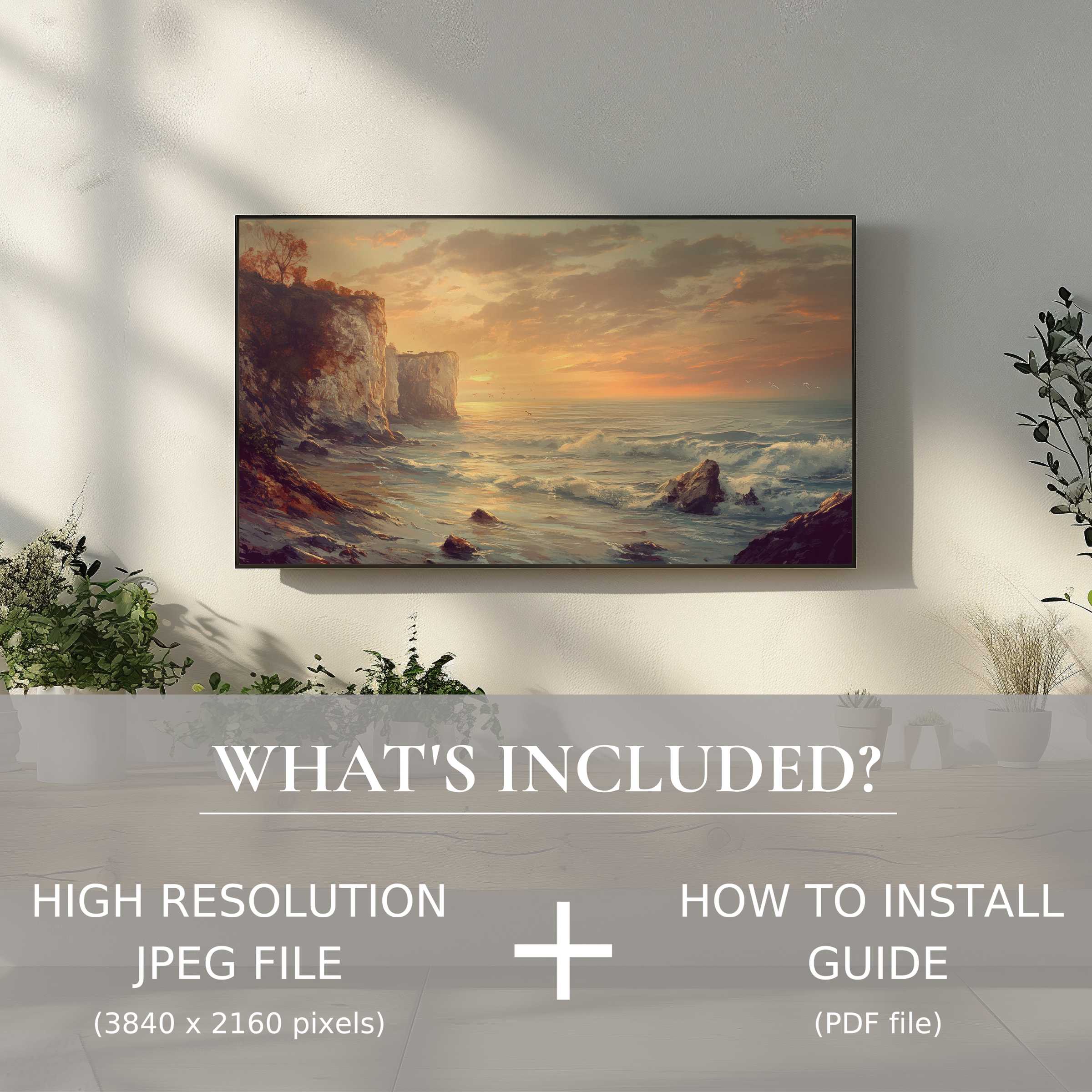 Elegant landscape digital TV art download enhances your living space with easy, high-res digital use and serene coastal scenery