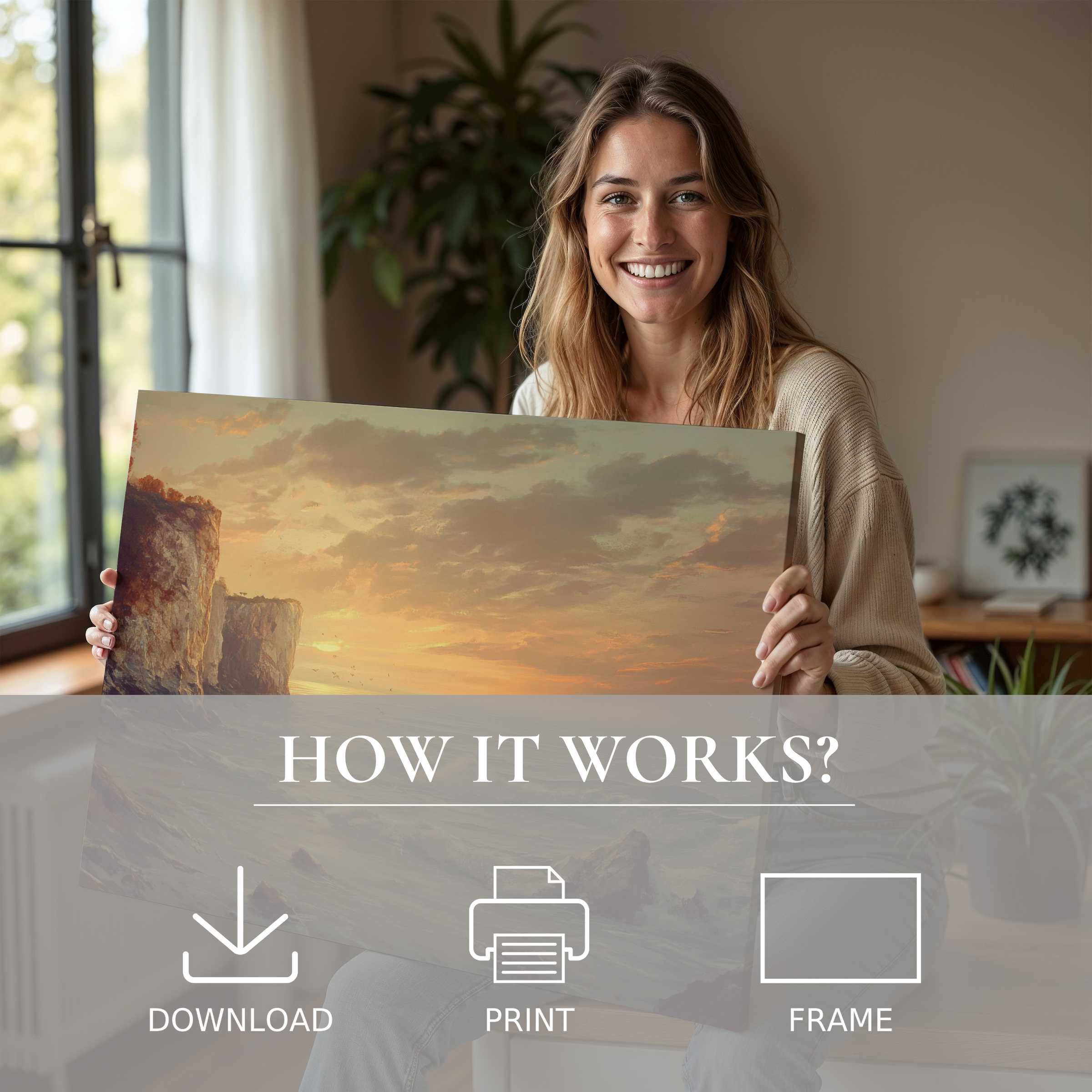 A woman joyfully shares a warm landscape digital art print, illuminating her modern home with serene, sunlit hues