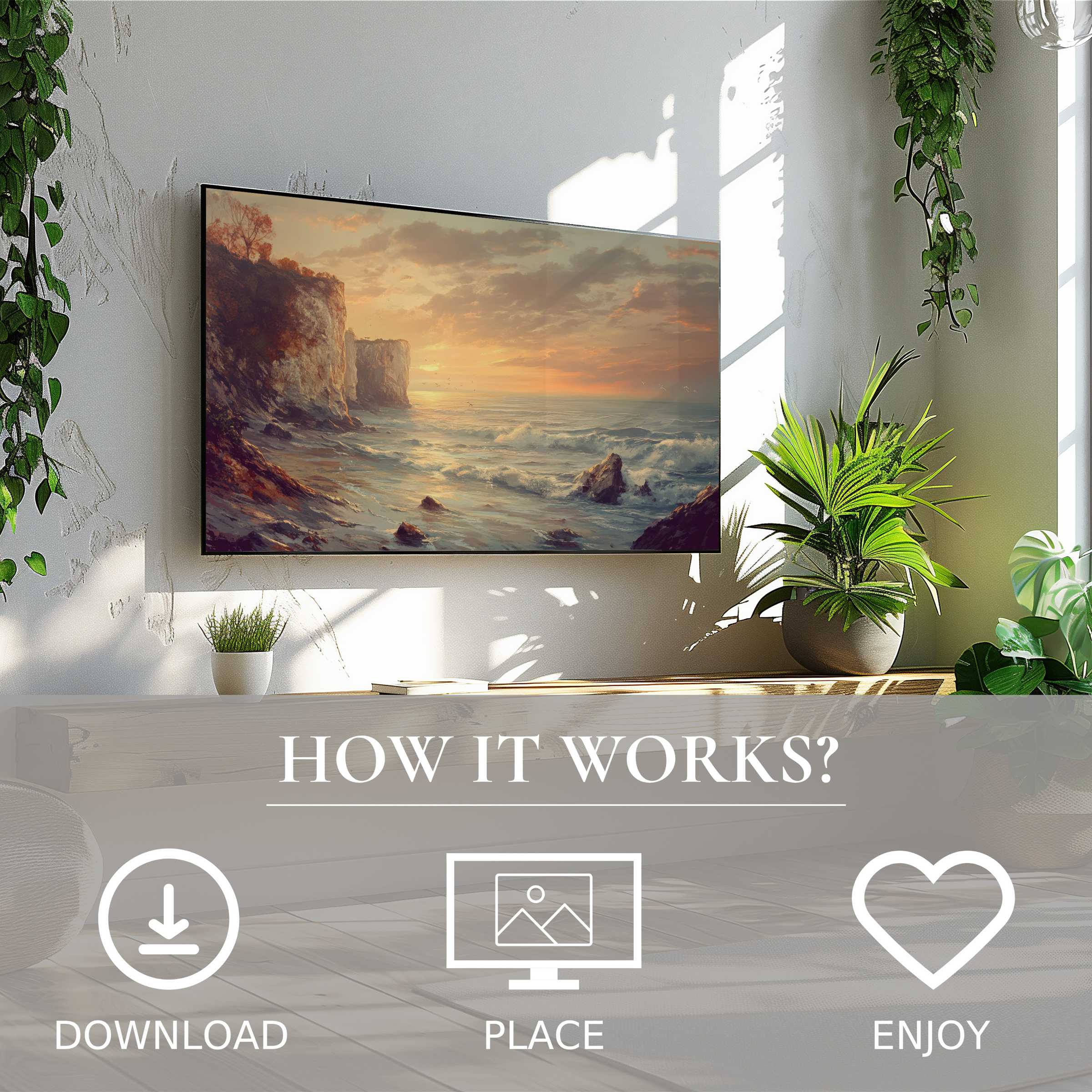 Modern living room with landscape art for Samsung TV; soft sunset tones enrich space via easy digital download